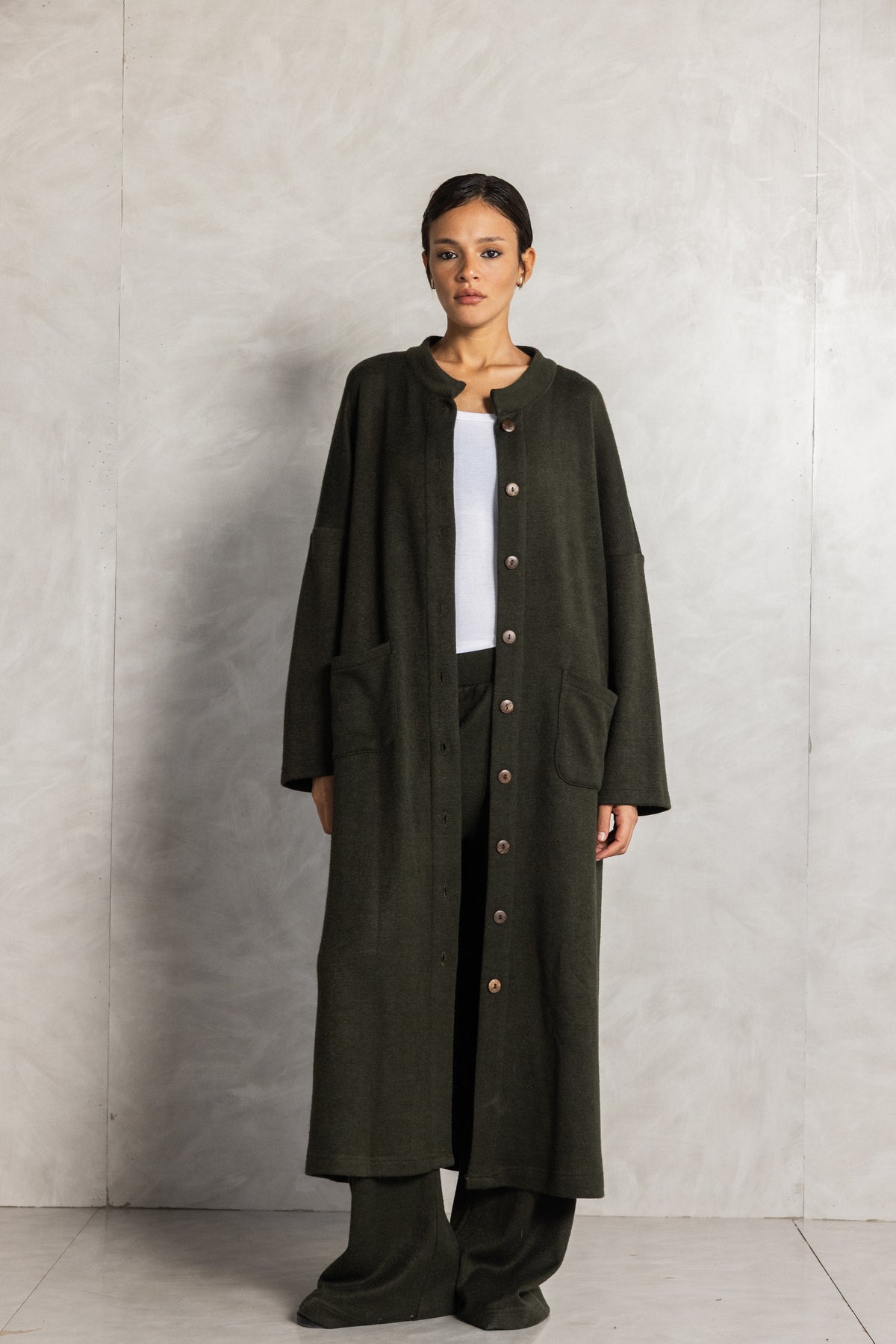 Olive Knit Long Cardigan Set