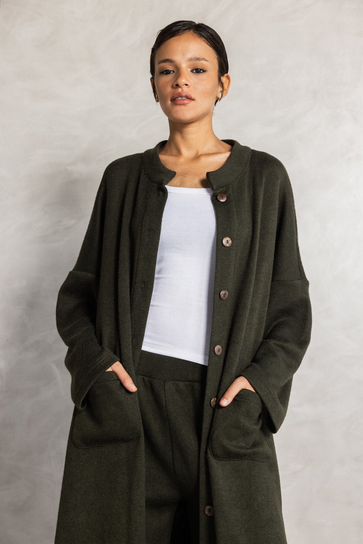 Olive Knit Long Cardigan Set