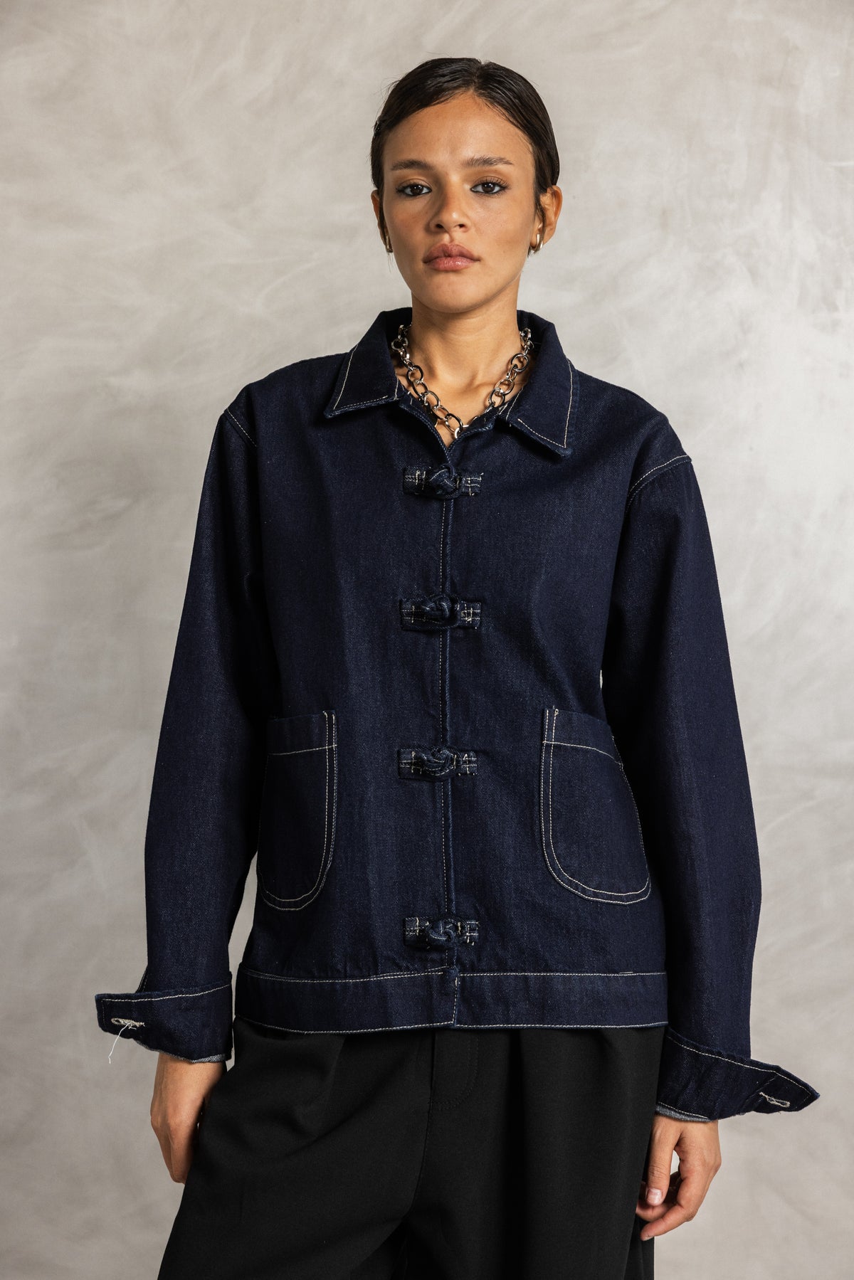 Navy Blue Frog Fastening denim jacket