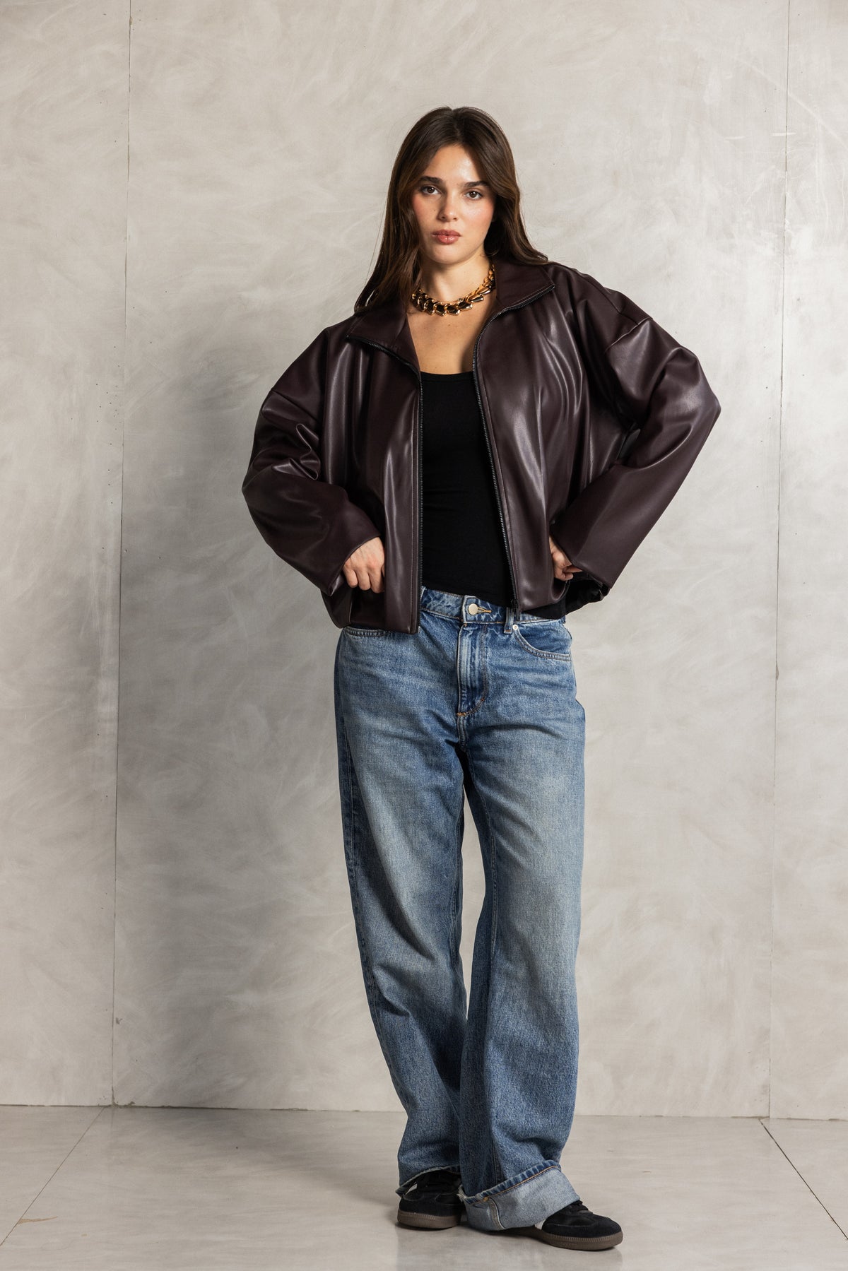 Wine Red Leather gathered Jacket