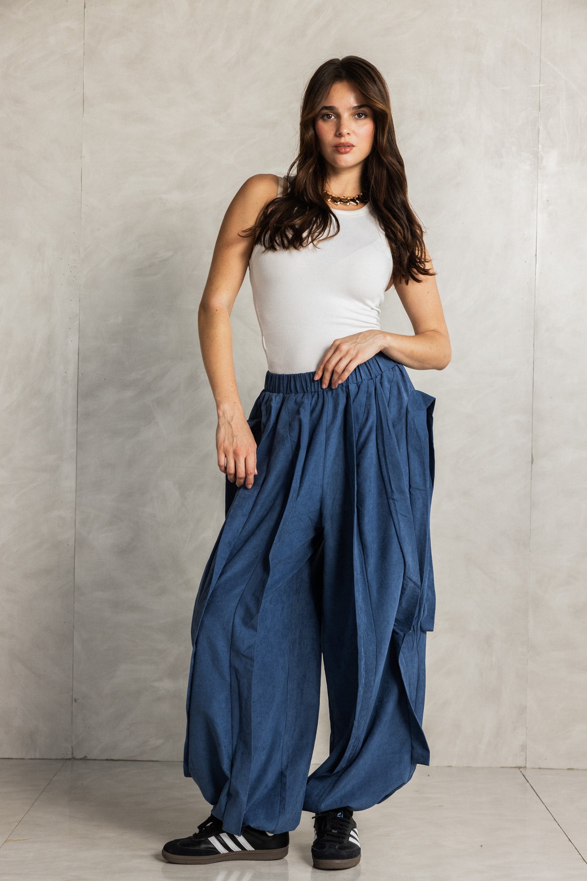 Navy Ruffled Seude effect adjustable leg trousers