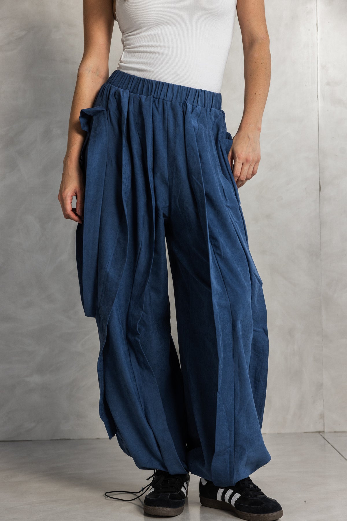 Navy Ruffled Seude effect adjustable leg trousers