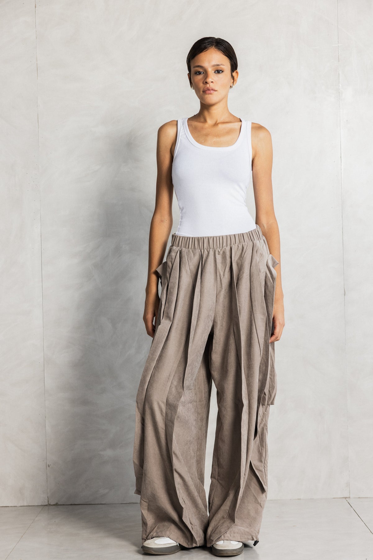 Camel Ruffled Seude effect adjustable leg trousers