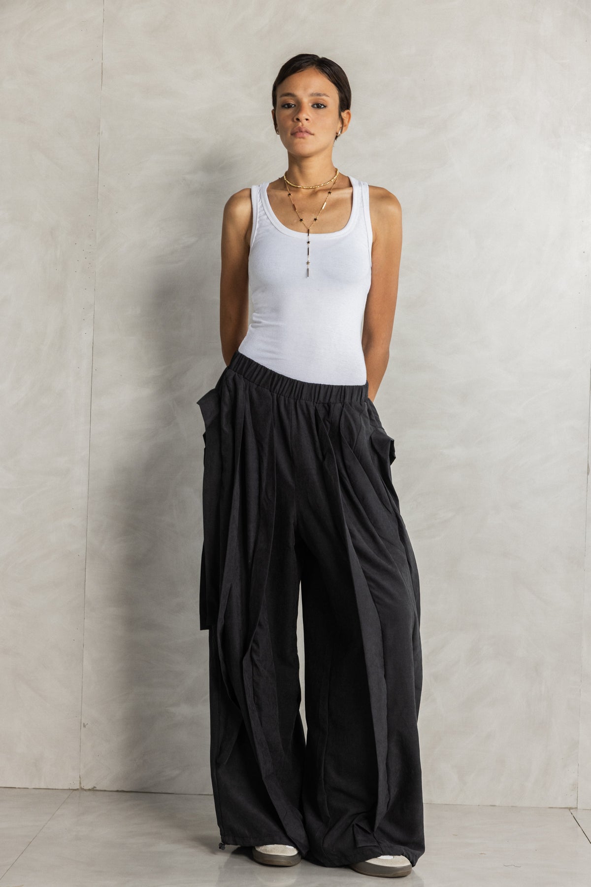 Black Ruffled Seude effect adjustable leg trousers