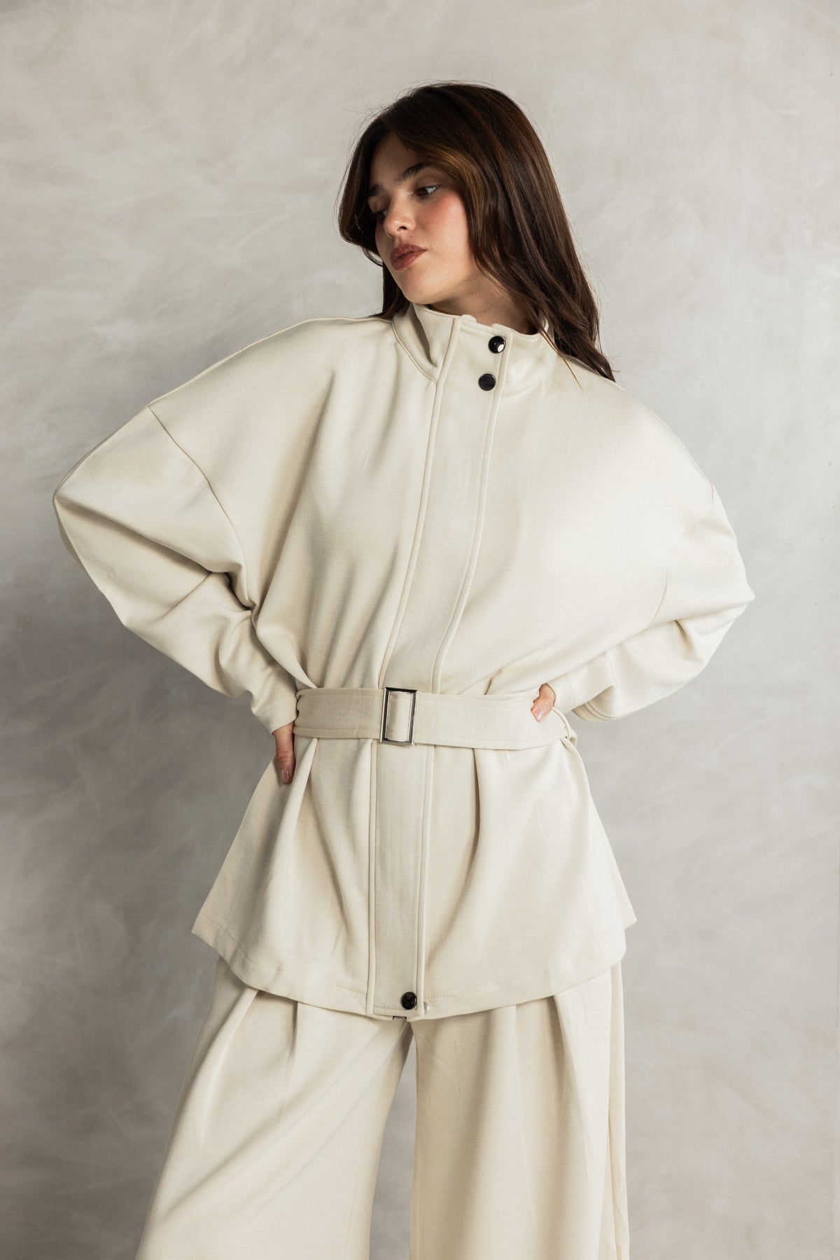 Cream Soft Touch Belted Set