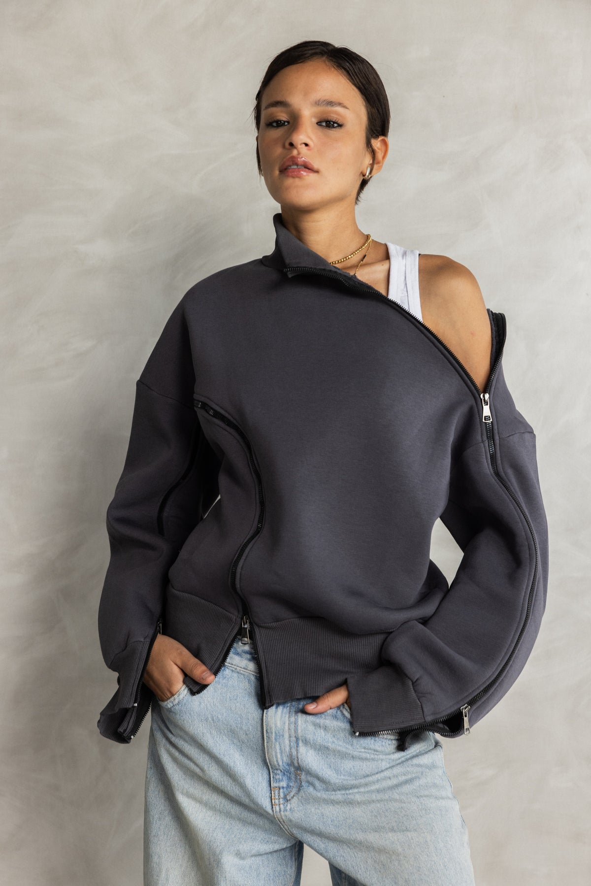 Charcoal Double Zipper Sweatshirt