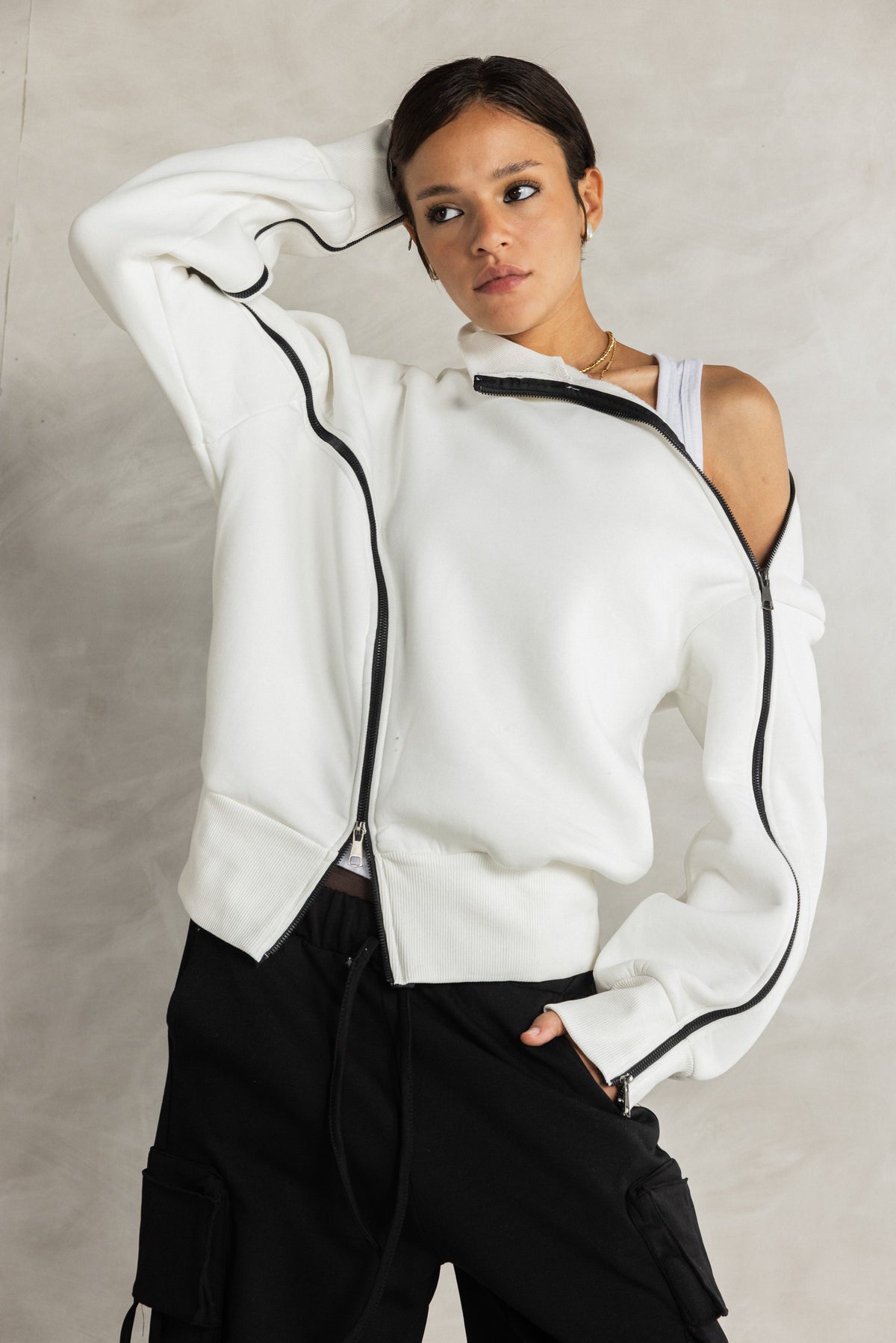 White Double Zipper Sweatshirt