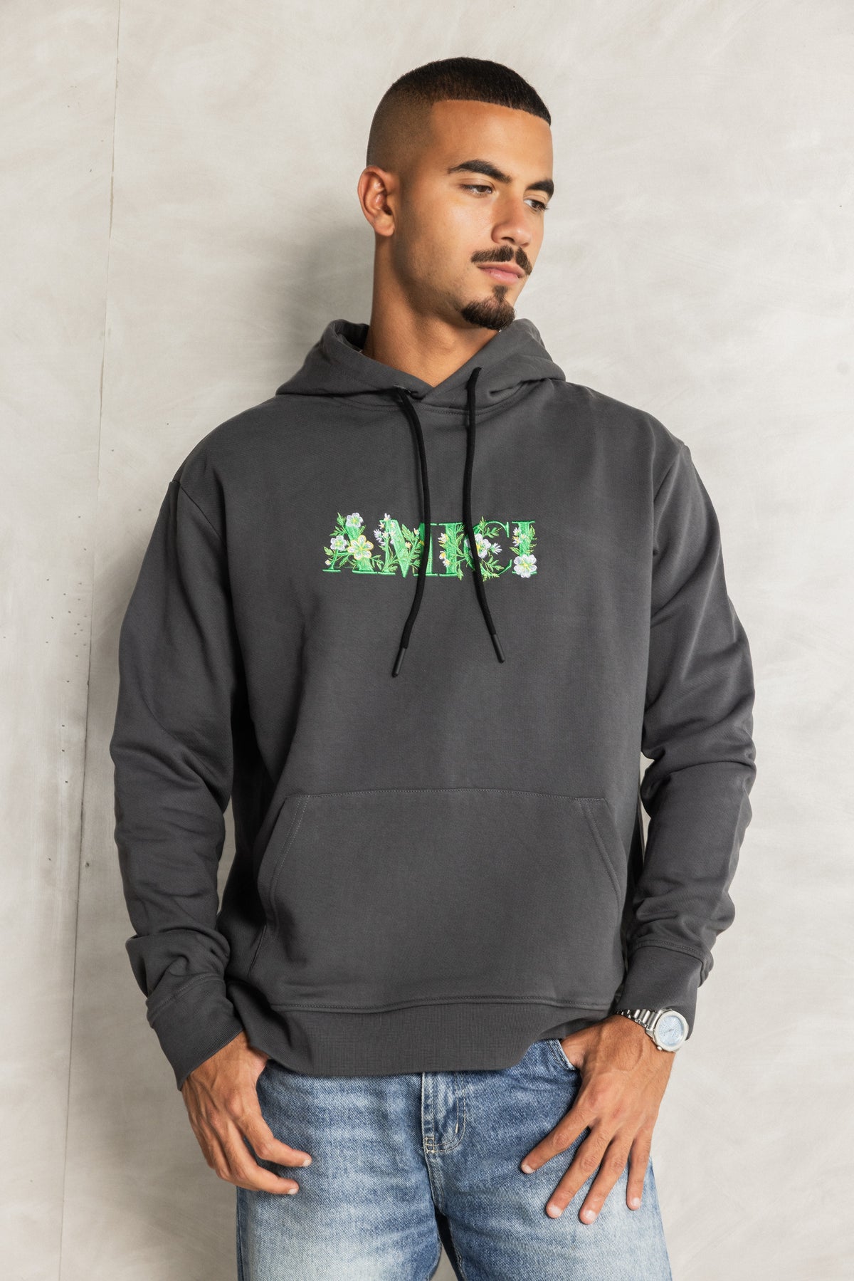 Charcoal Embroidery Relaxed-Fit Hoodie