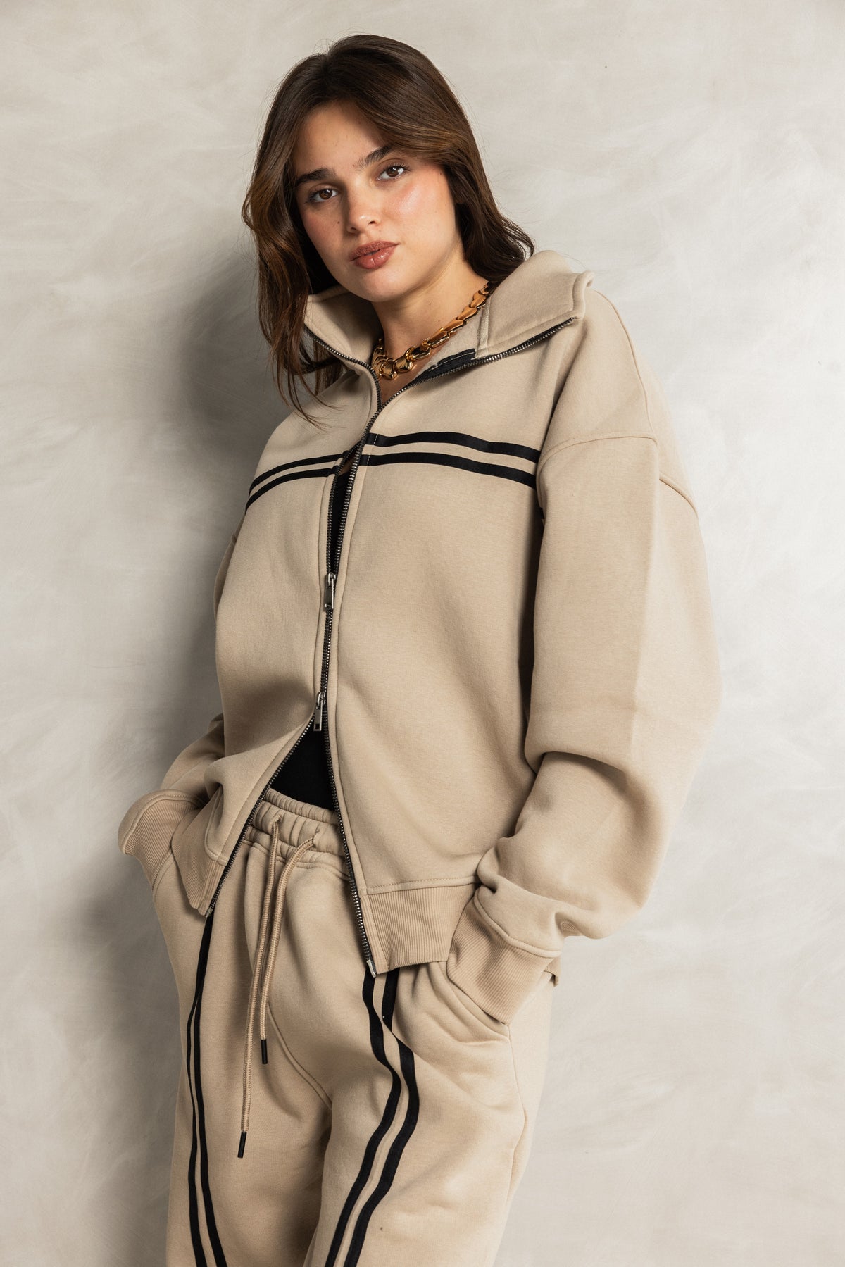Beige Zip-up Tracksuit Set