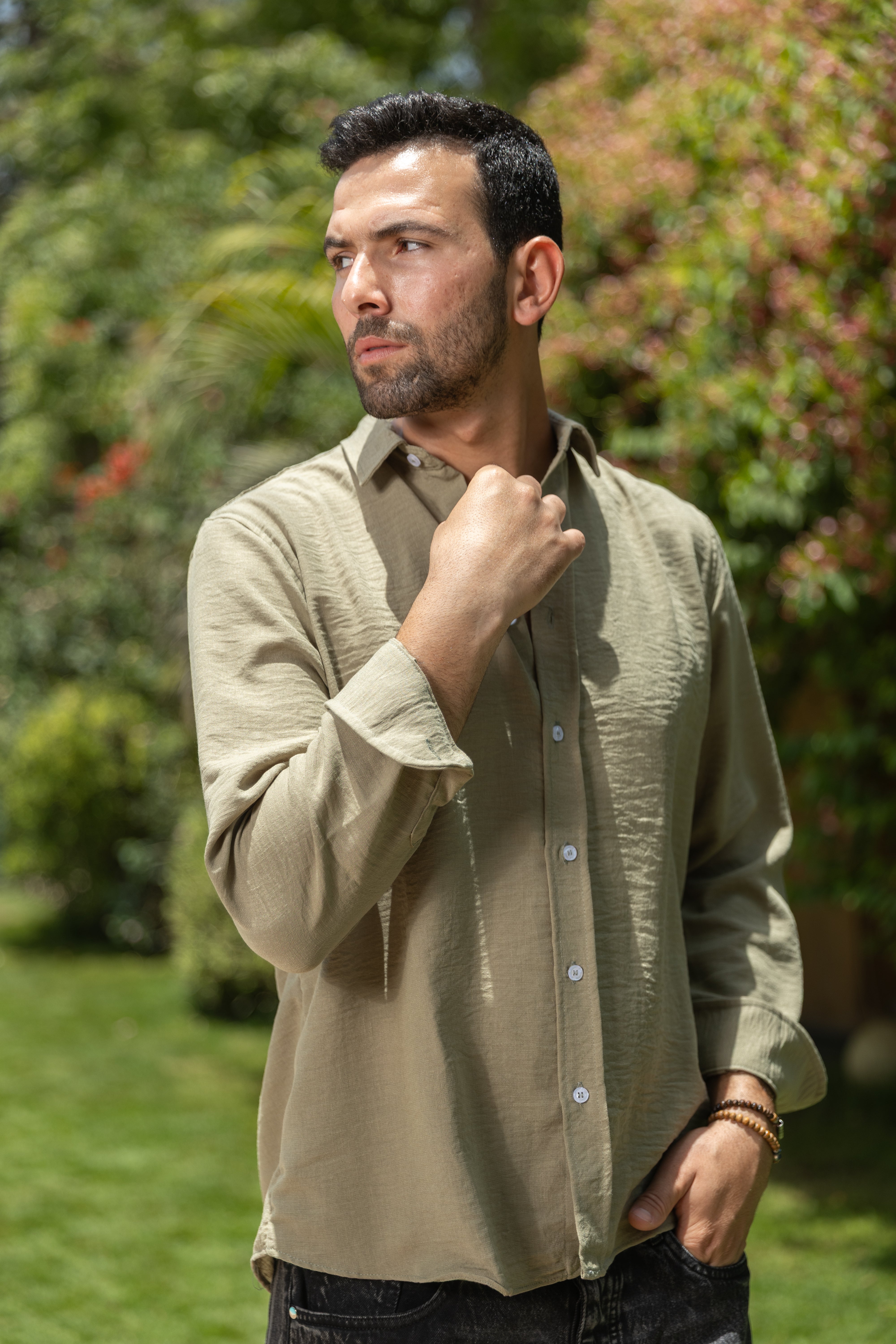 Olive blended linen shirt