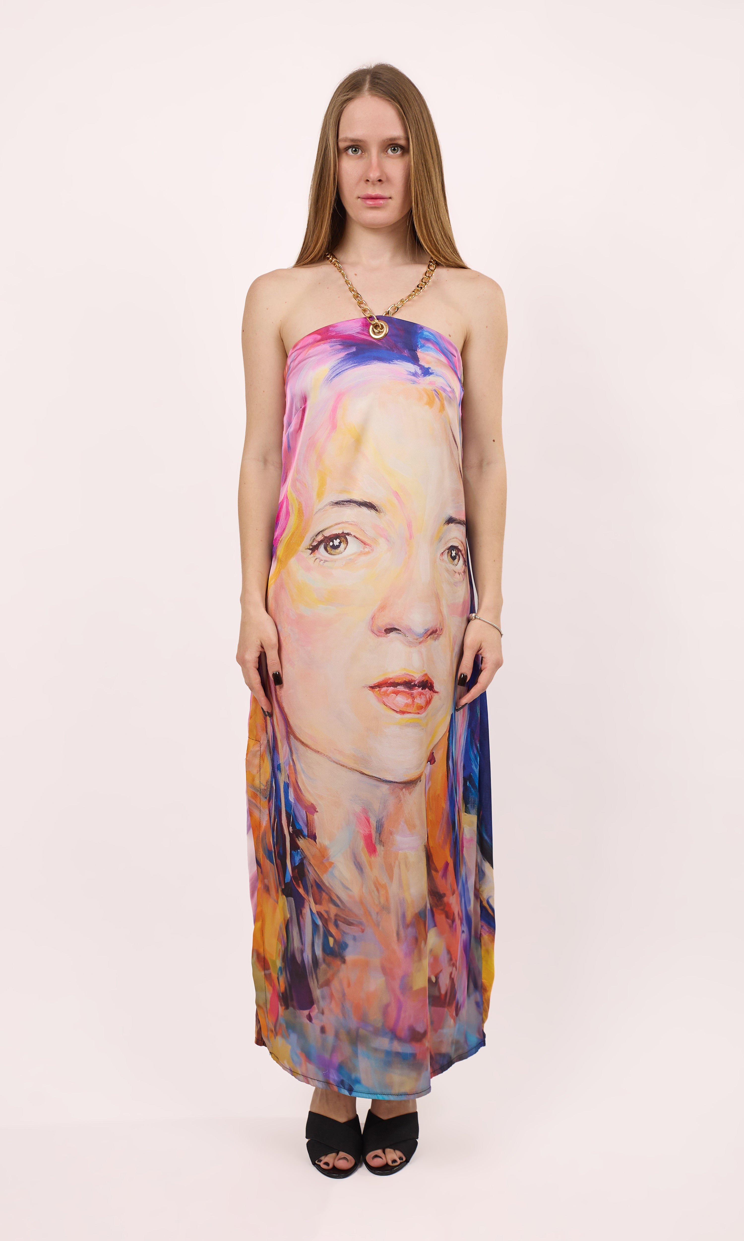 Artistic Oil Painting Face Dress with Gold Chain Neck