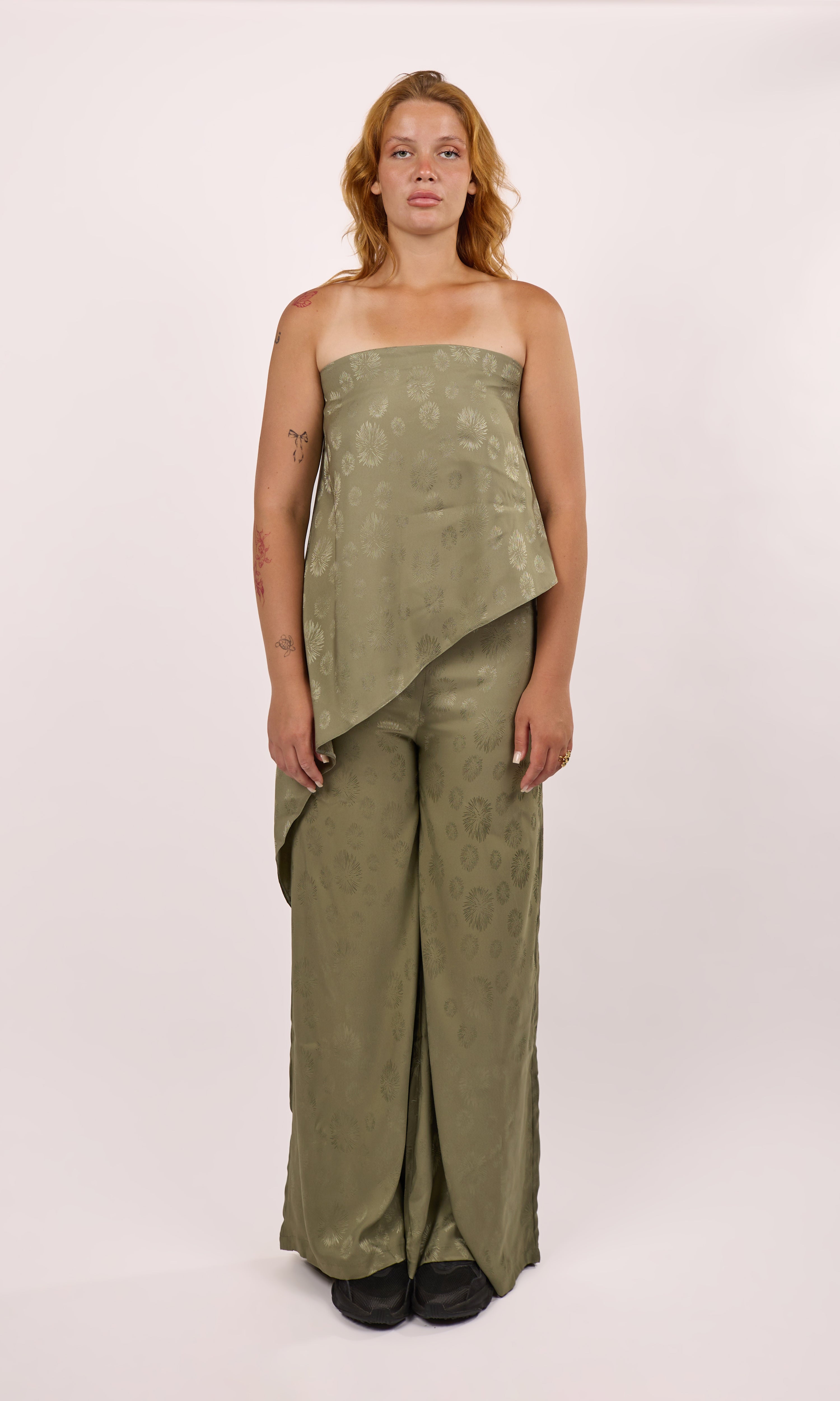 Asymmetrical satin set in olive