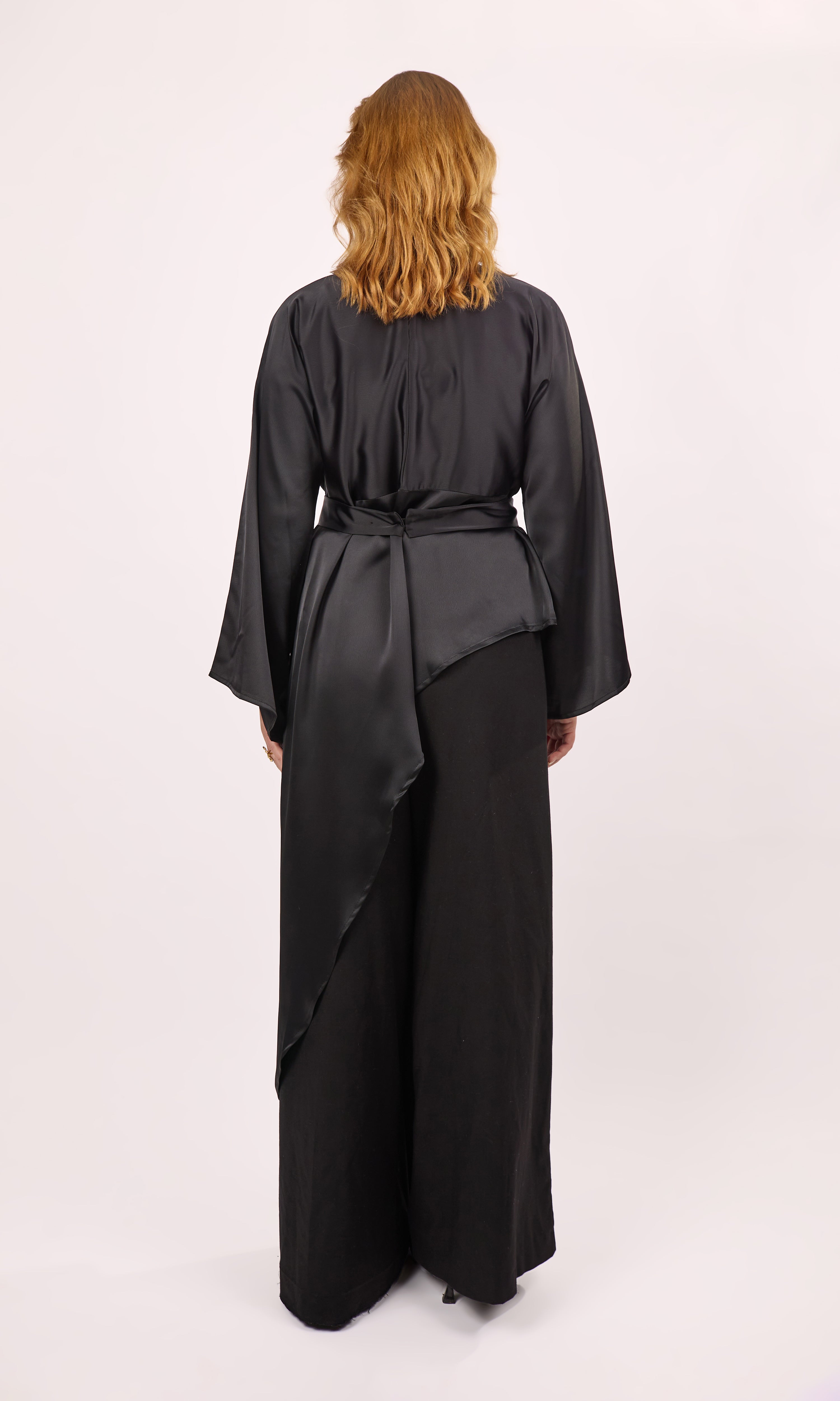 Asymmetric Draped Satin Blouse with Wide Sleeves