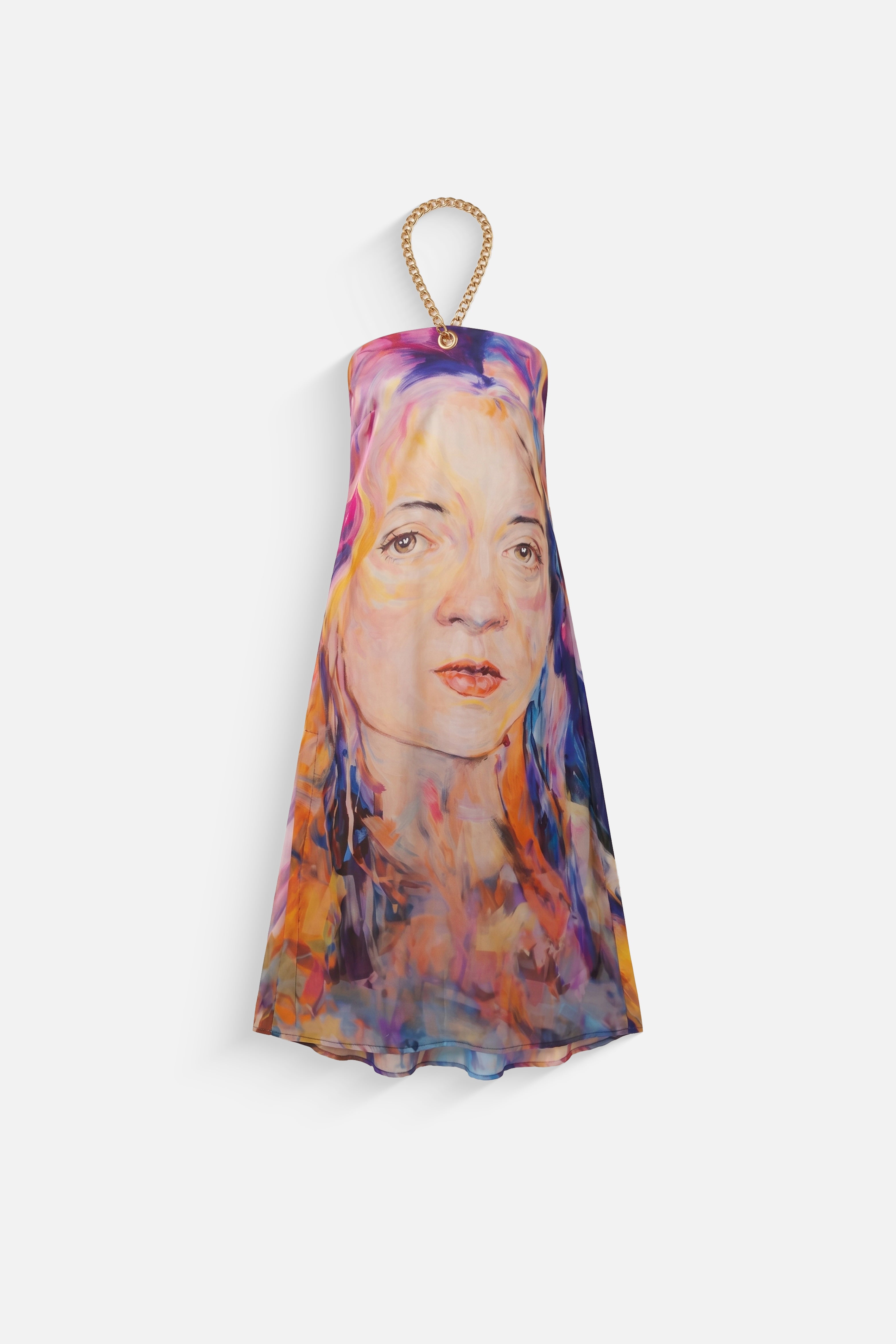 Artistic Oil Painting Face Dress with Gold Chain Neck
