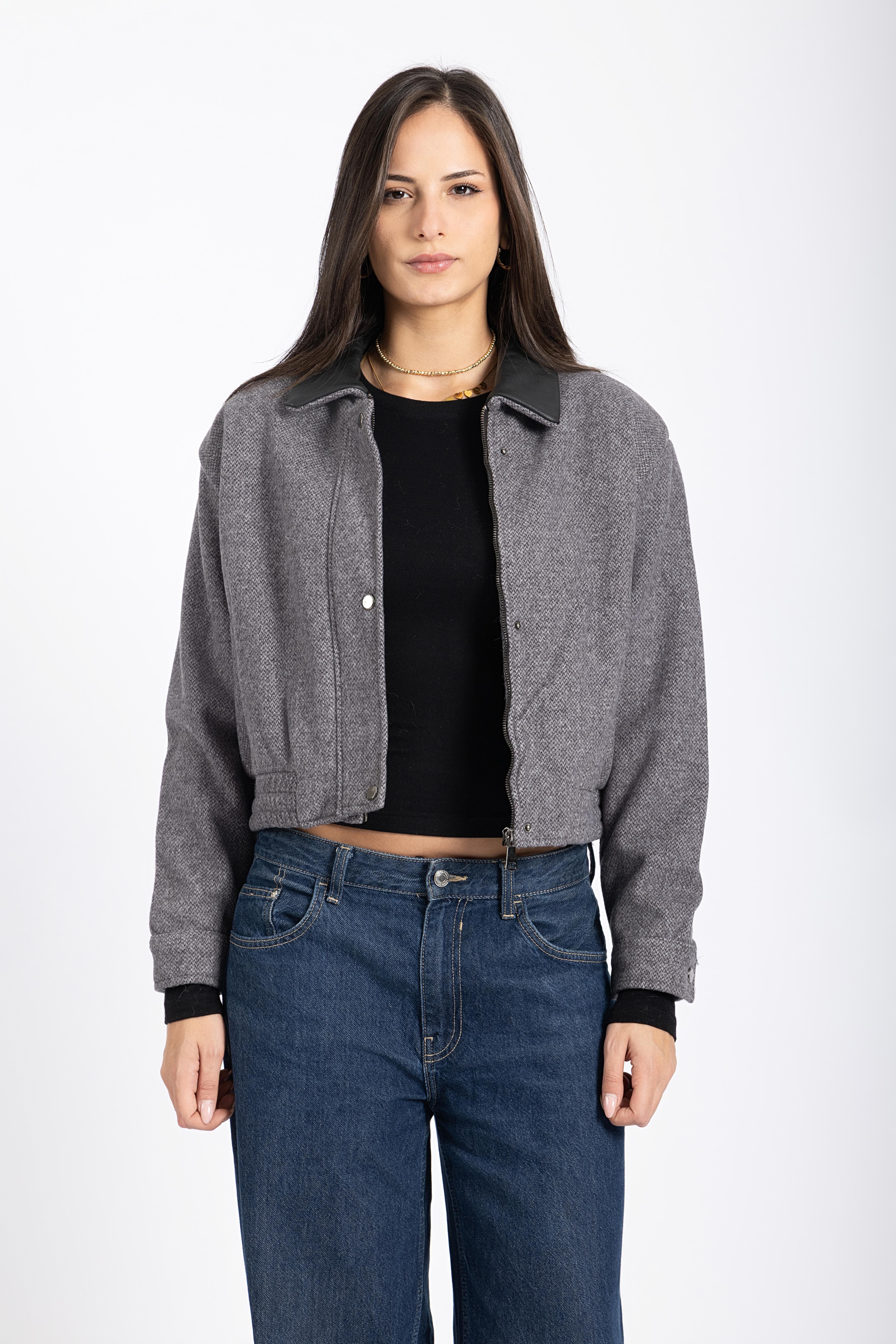 Grey bomber jacket( REAL LEATHER)
