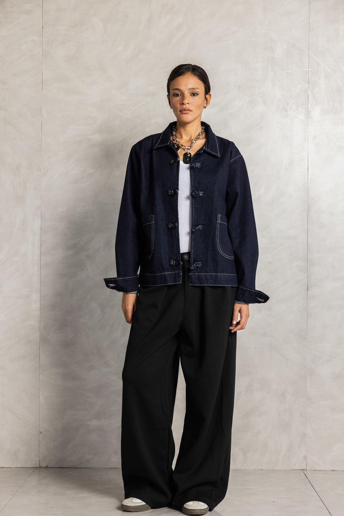 Navy Blue Frog Fastening denim jacket
