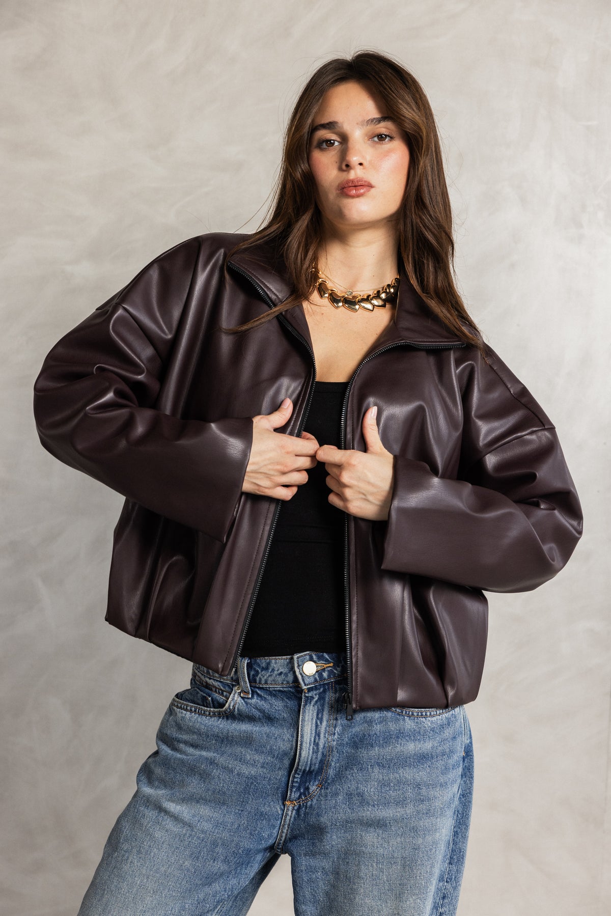 Wine Red Leather gathered Jacket