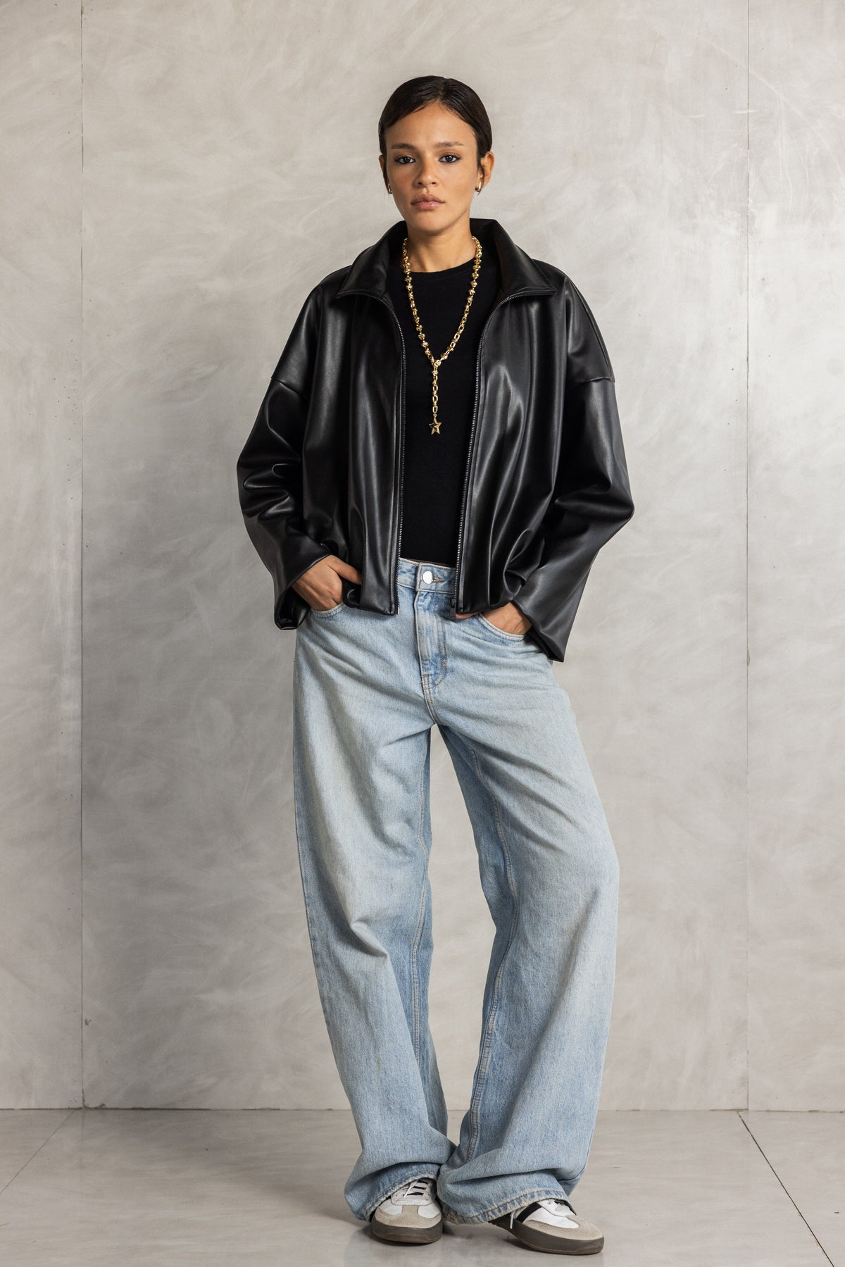 Black Leather gathered Jacket