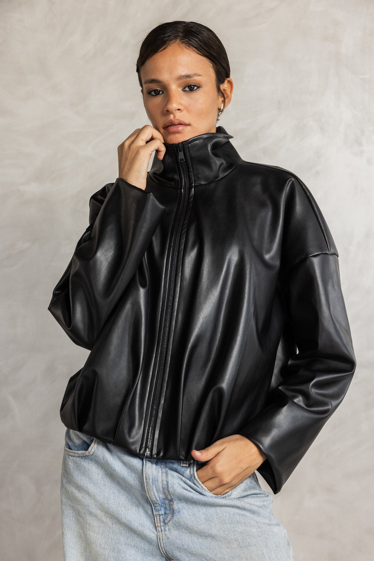 Black Leather gathered Jacket