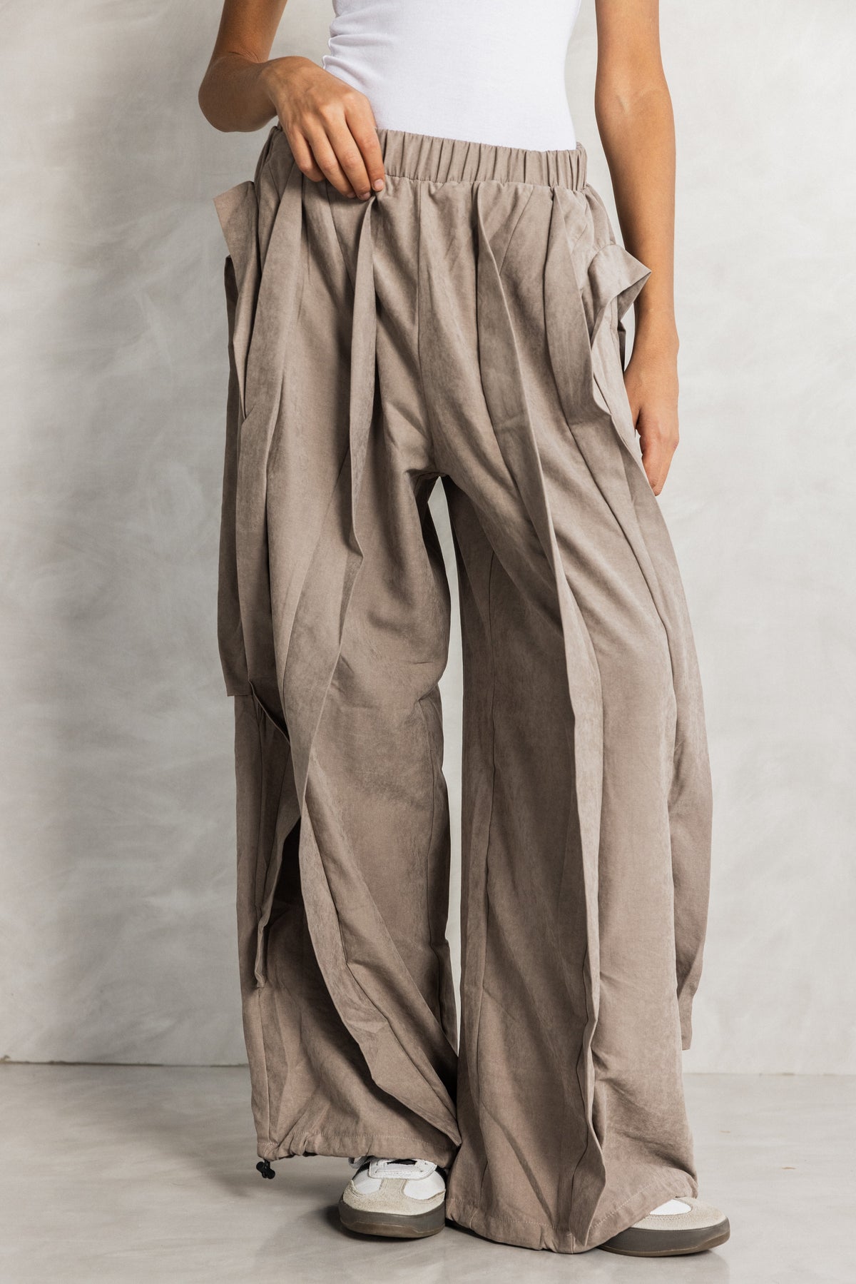 Camel Ruffled Seude effect adjustable leg trousers