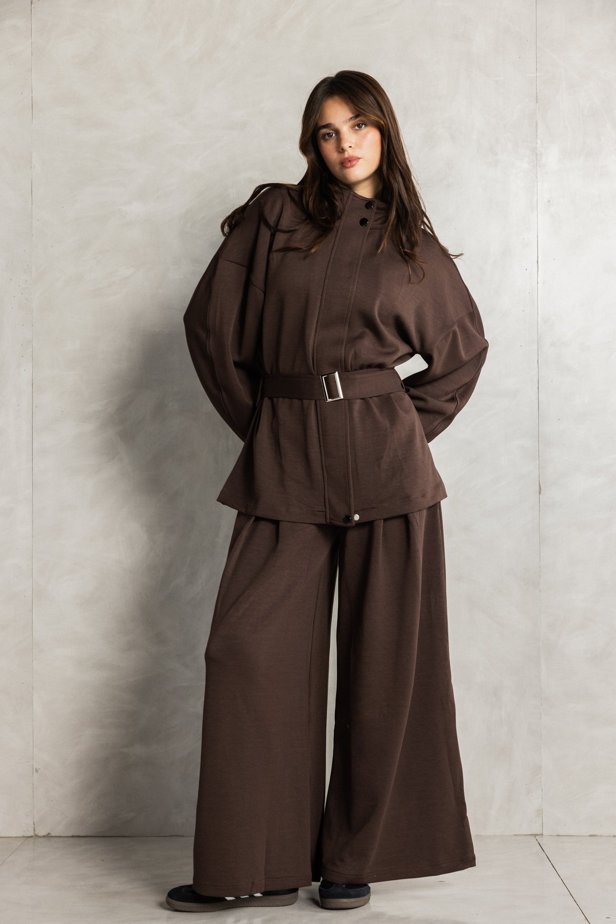 Brown Soft Touch Belted Set
