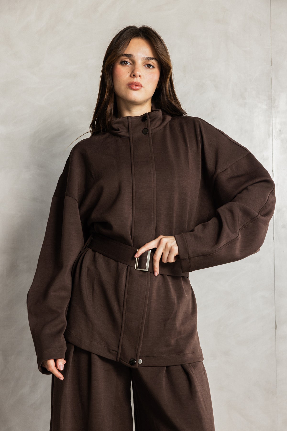Brown Soft Touch Belted Set