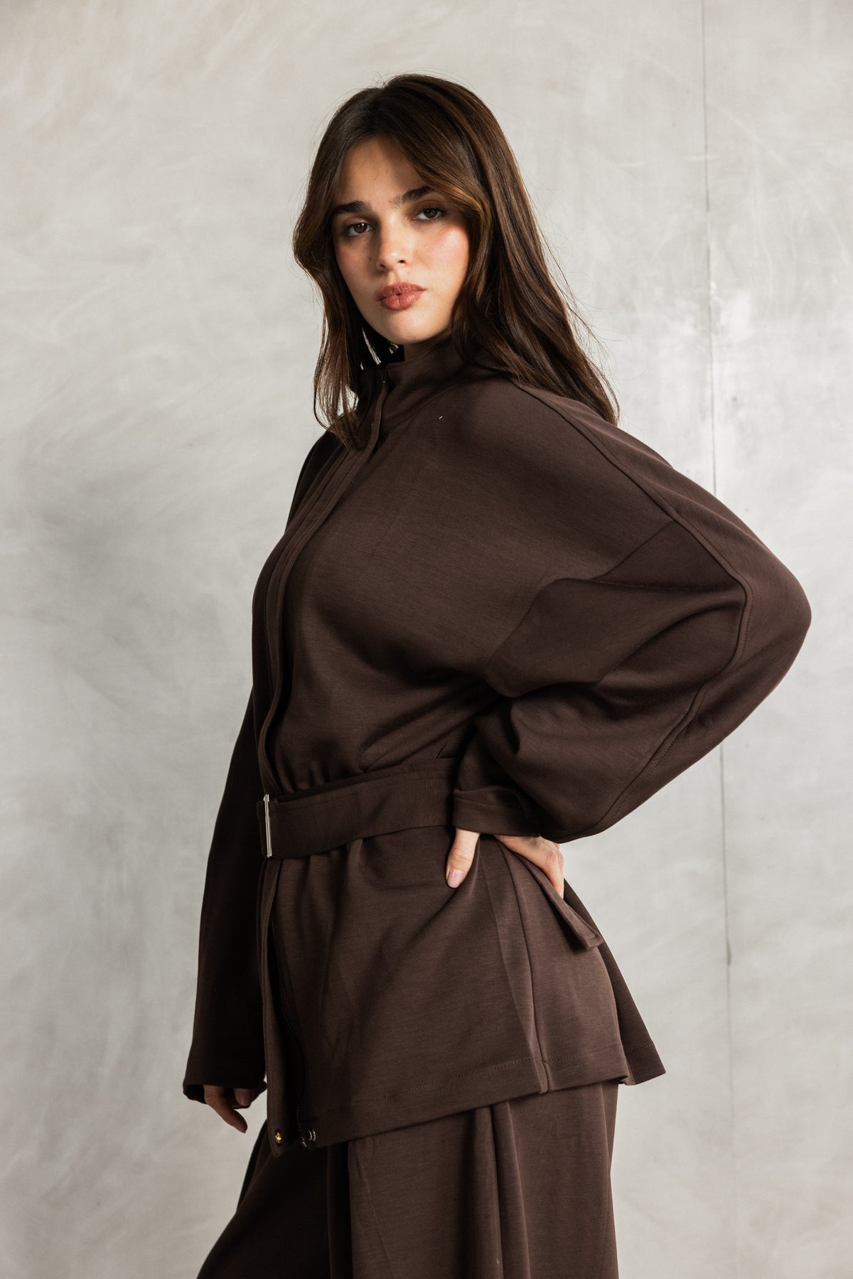 Brown Soft Touch Belted Set