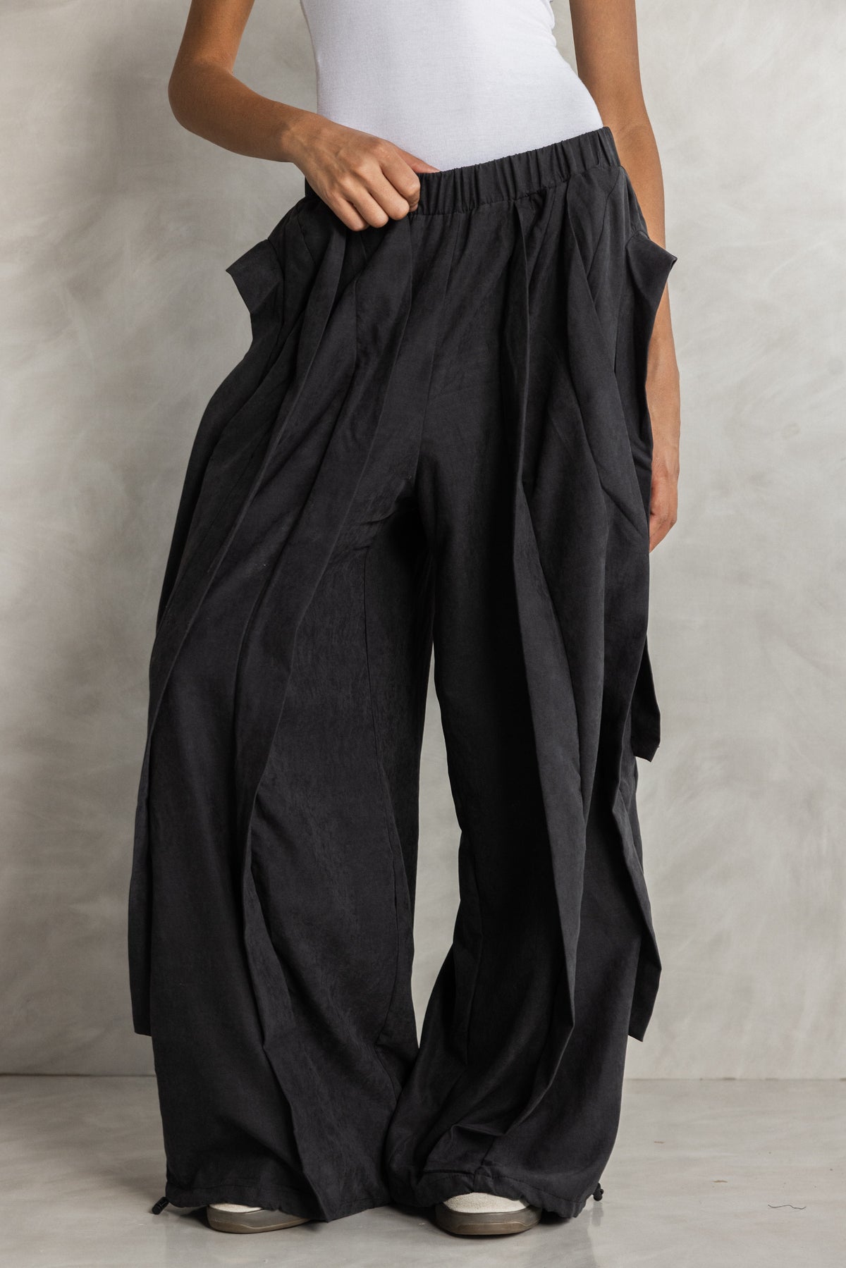 Black Ruffled Seude effect adjustable leg trousers