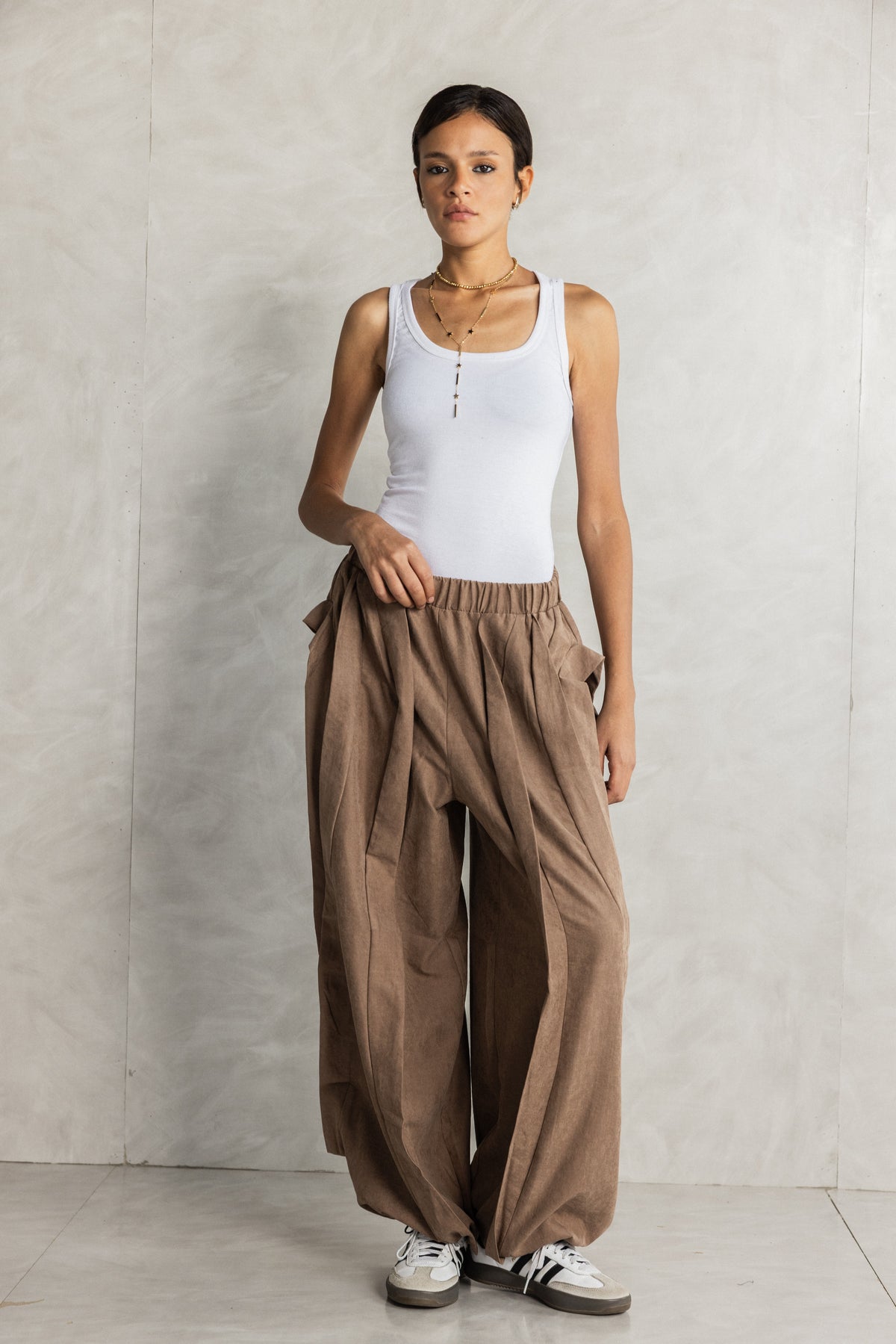 Sand Ruffled Seude effect adjustable leg trousers