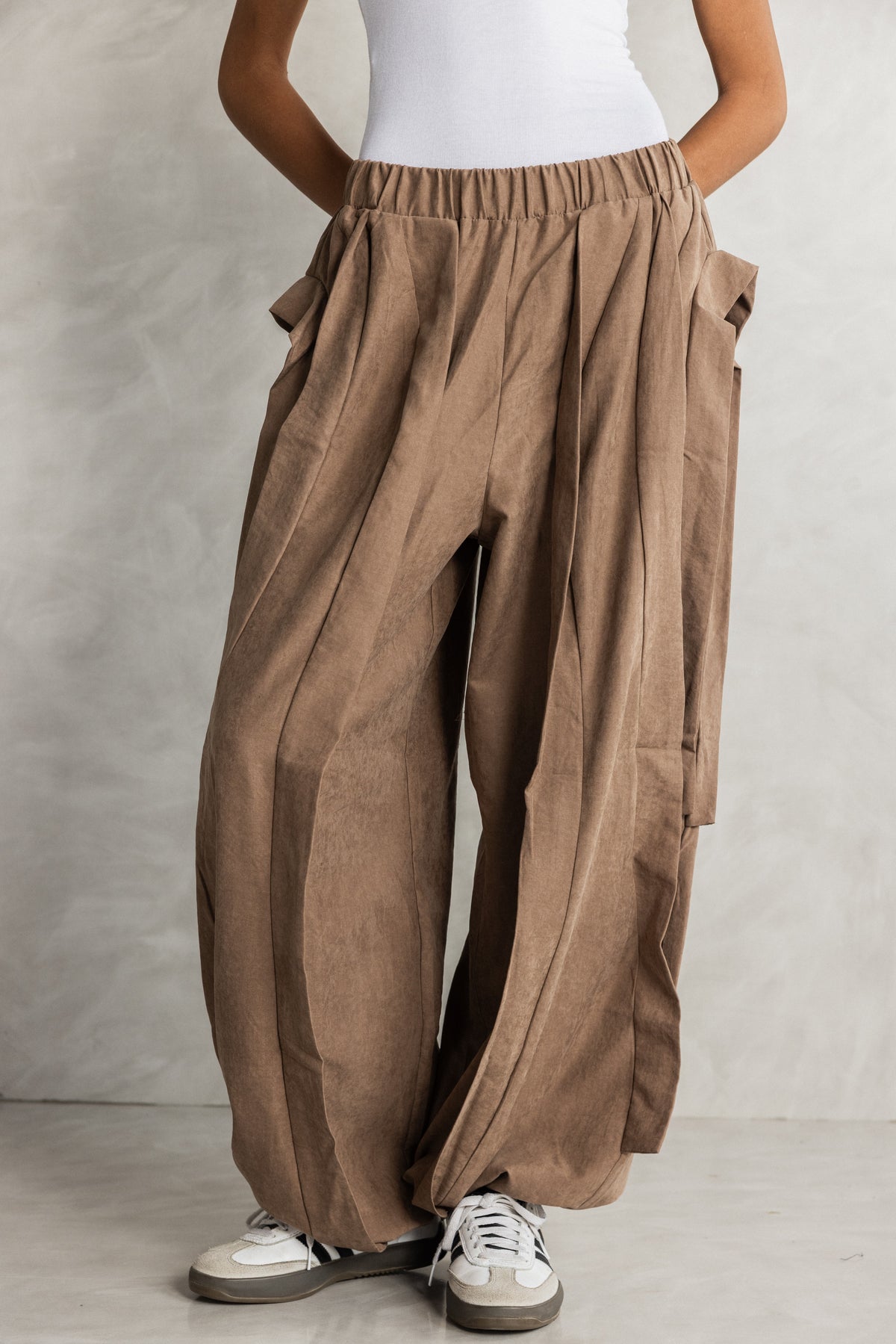 Sand Ruffled Seude effect adjustable leg trousers