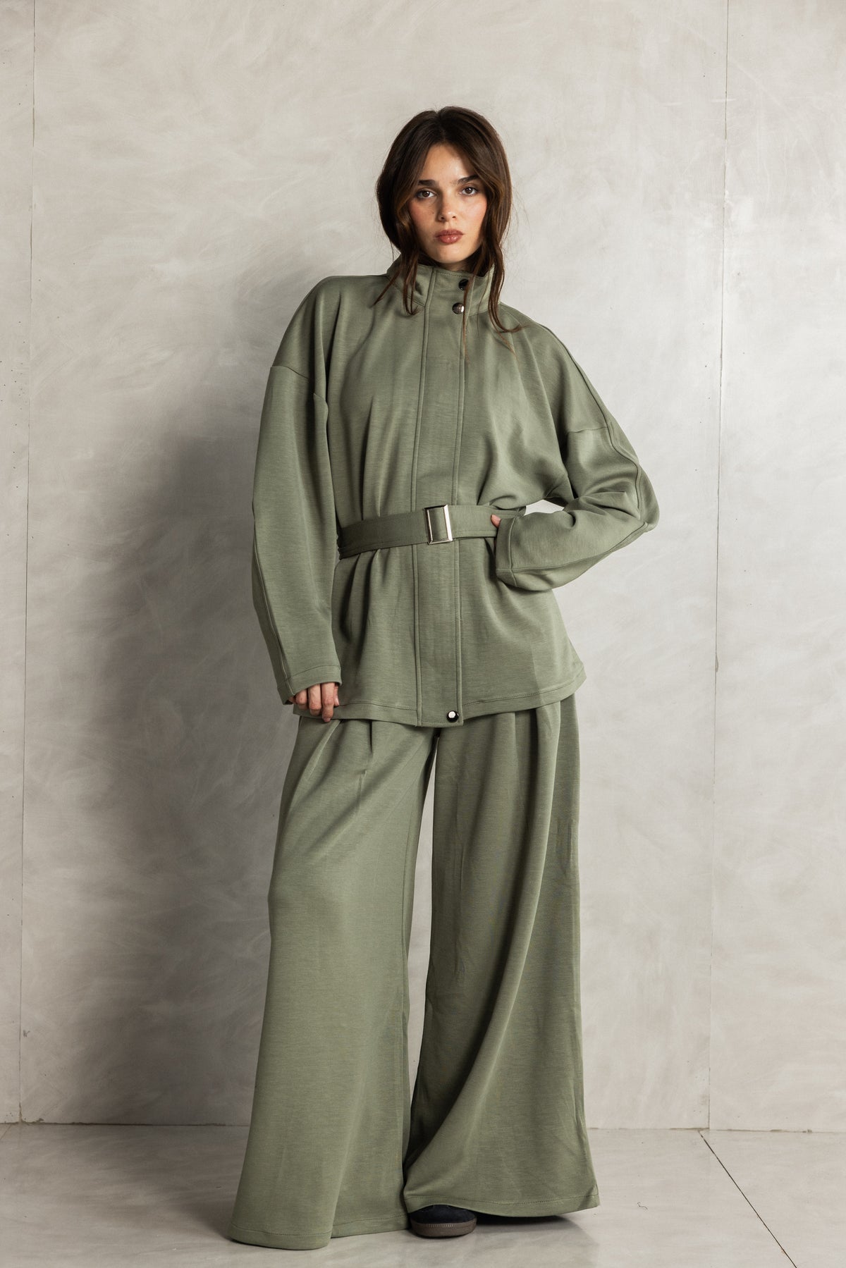 Olive Soft Touch Belted Set