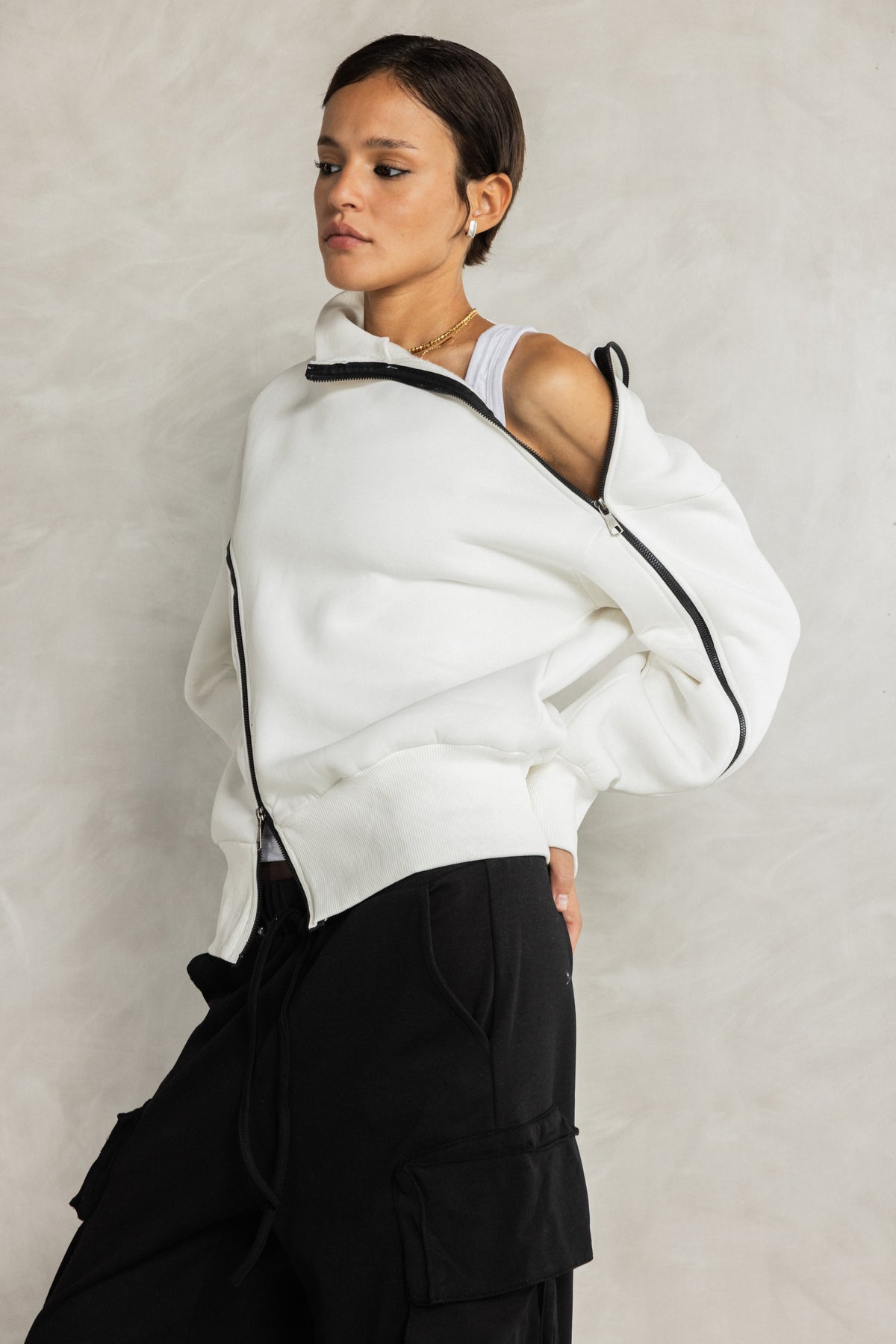 White Double Zipper Sweatshirt