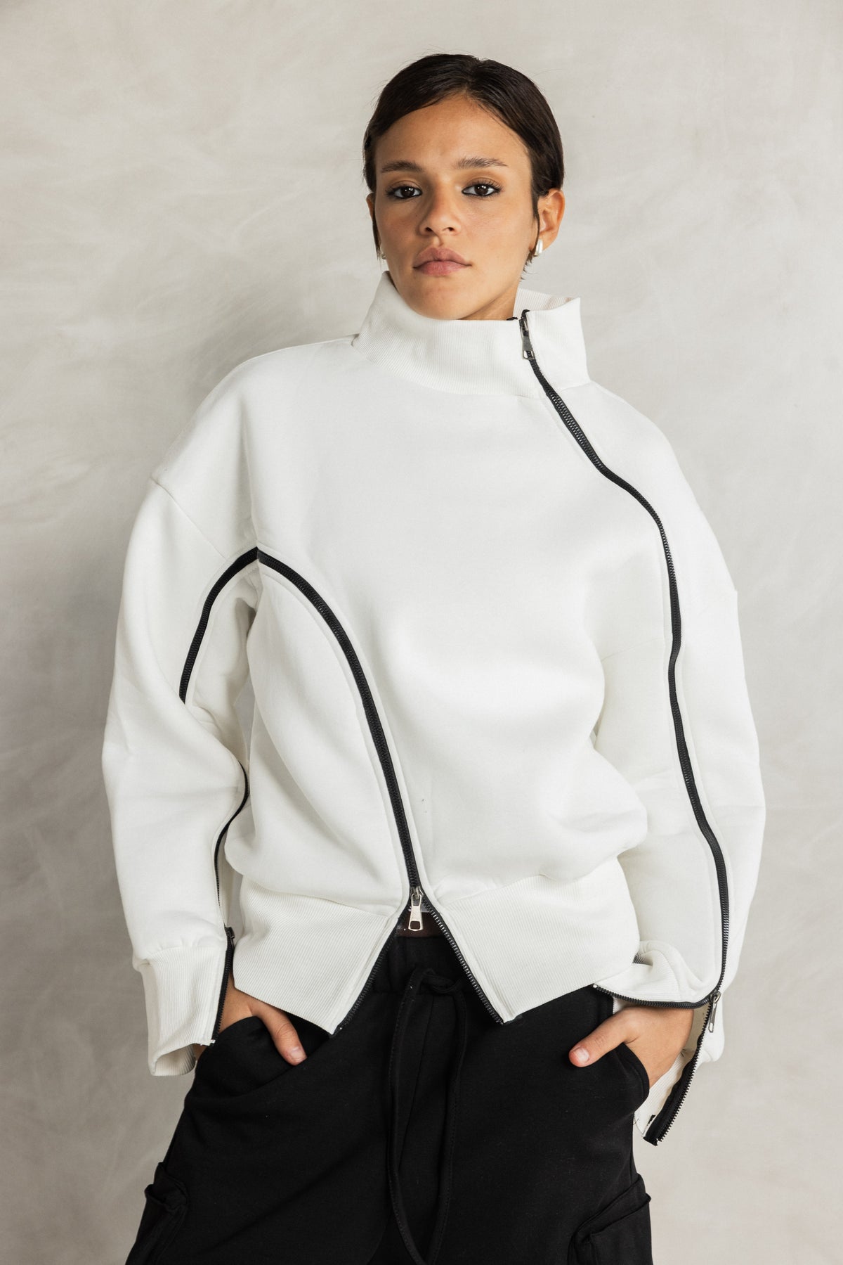 White Double Zipper Sweatshirt