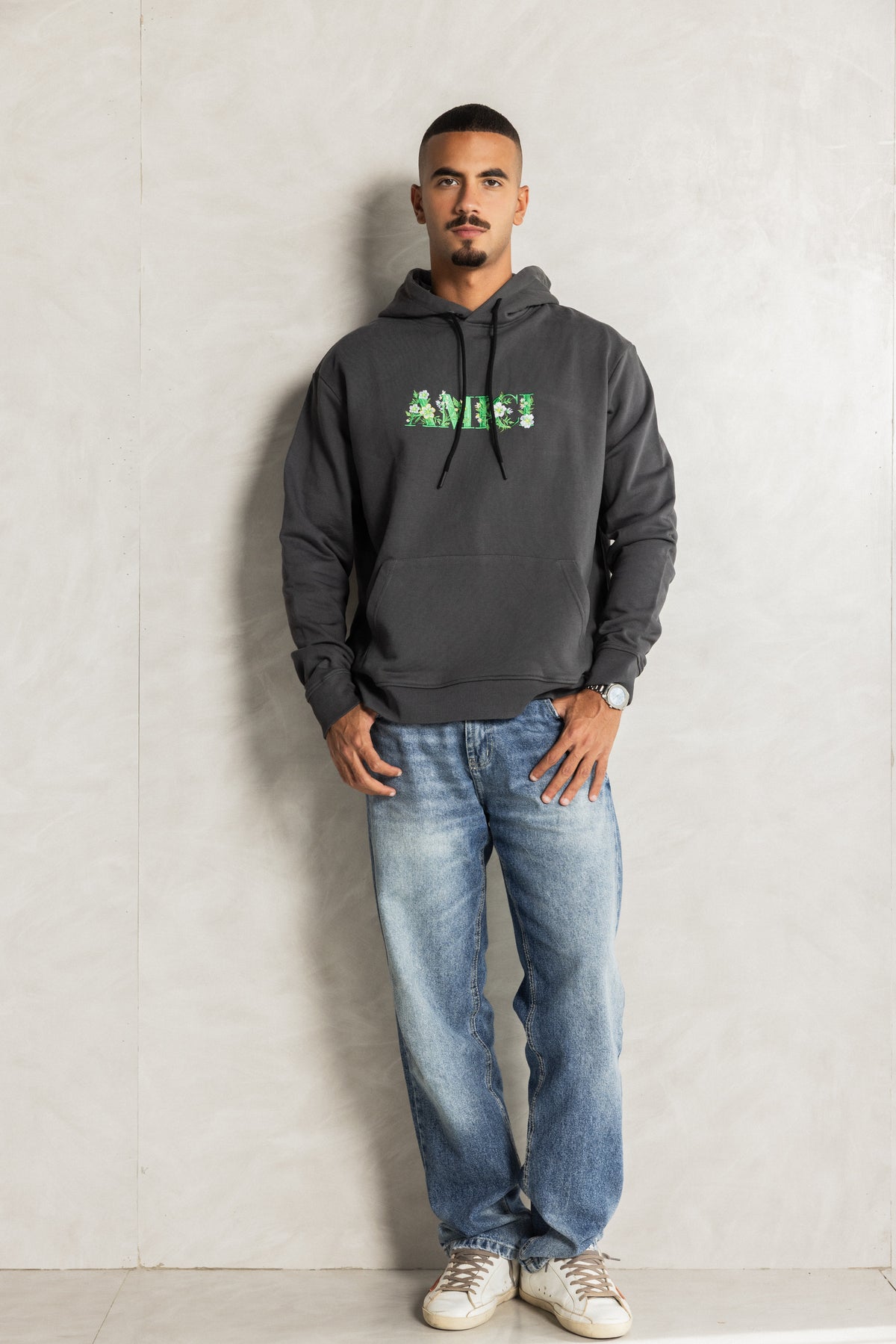 Charcoal Embroidery Relaxed-Fit Hoodie
