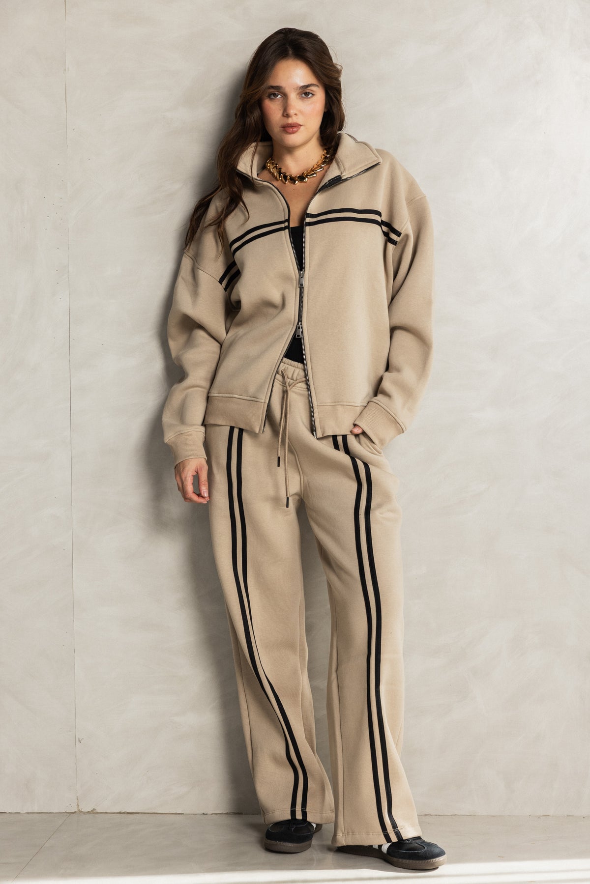 Beige Zip-up Tracksuit Set