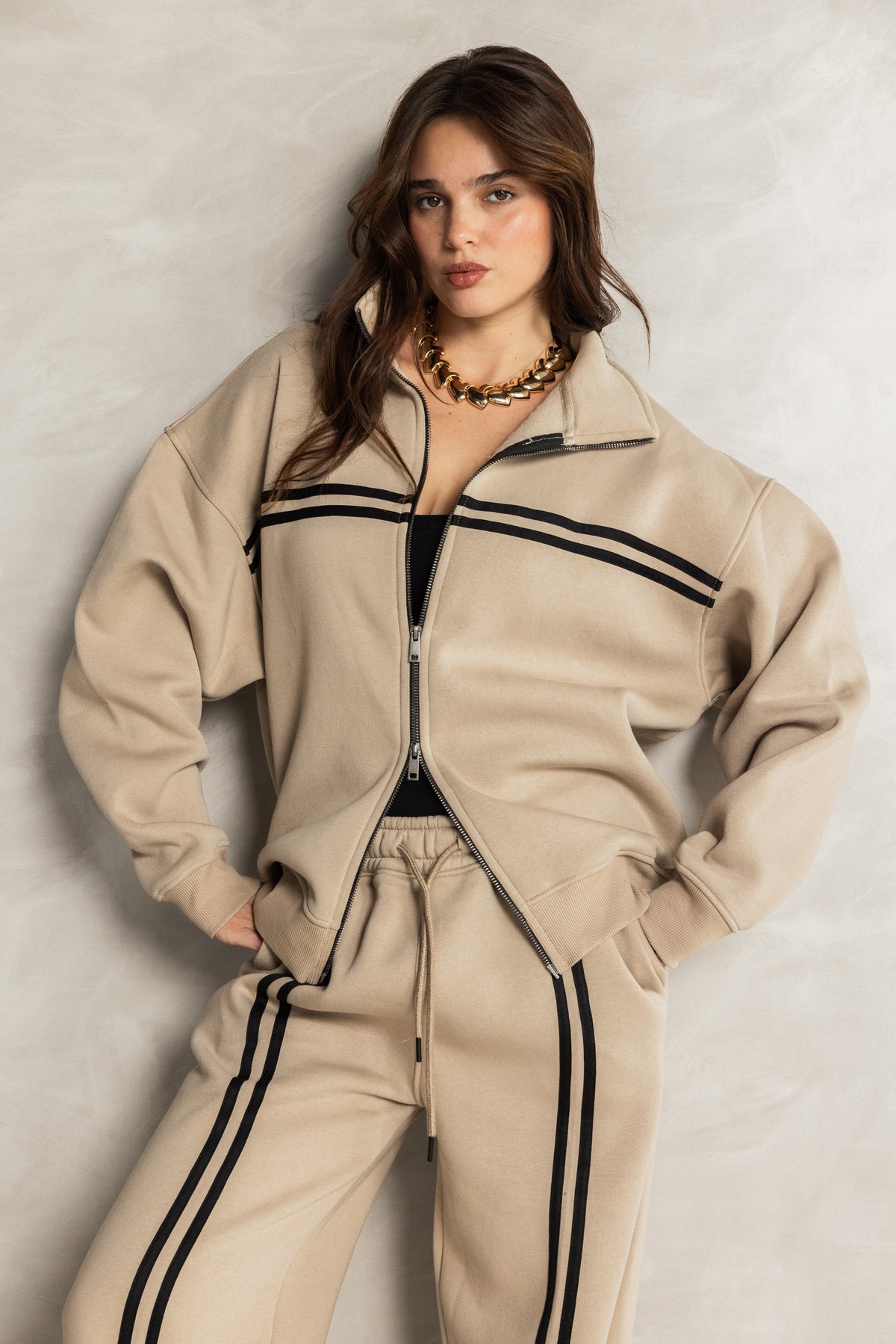 Beige Zip-up Tracksuit Set