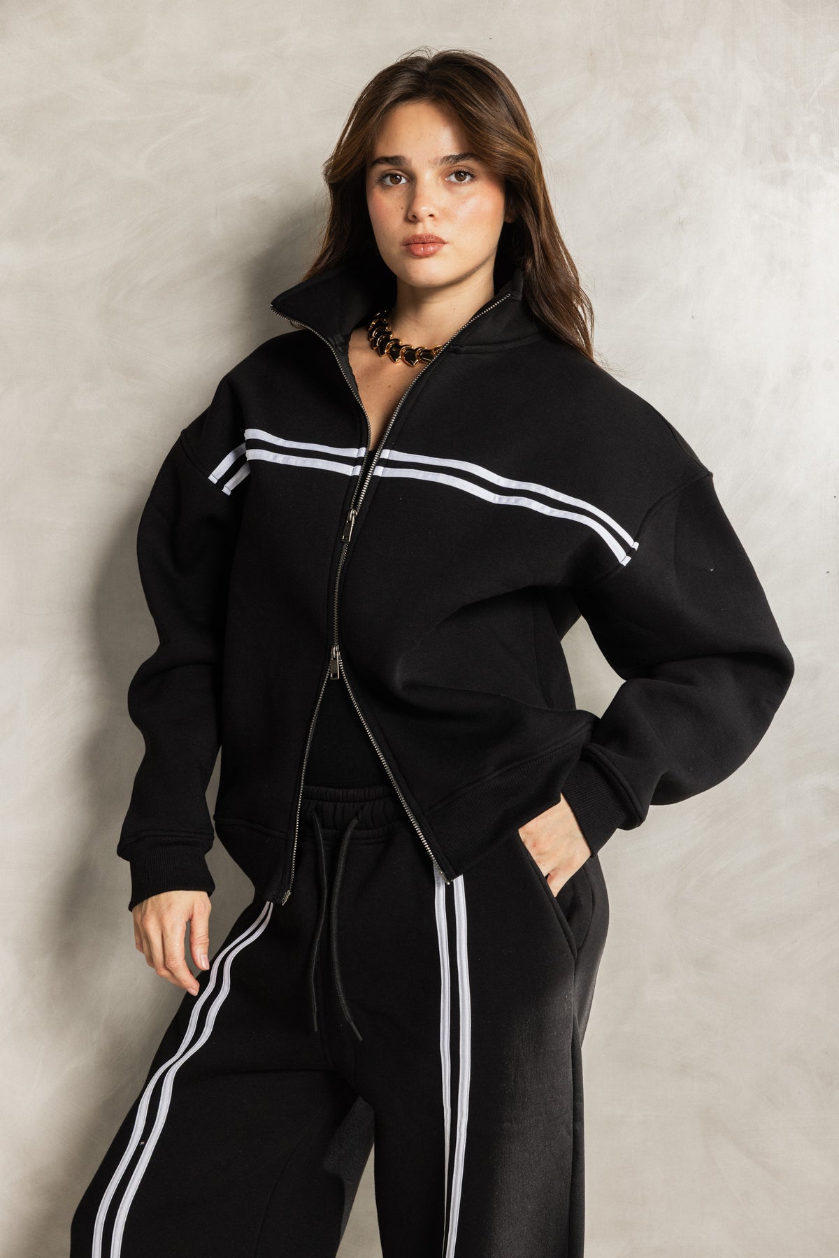 Black Zip-up Tracksuit Set