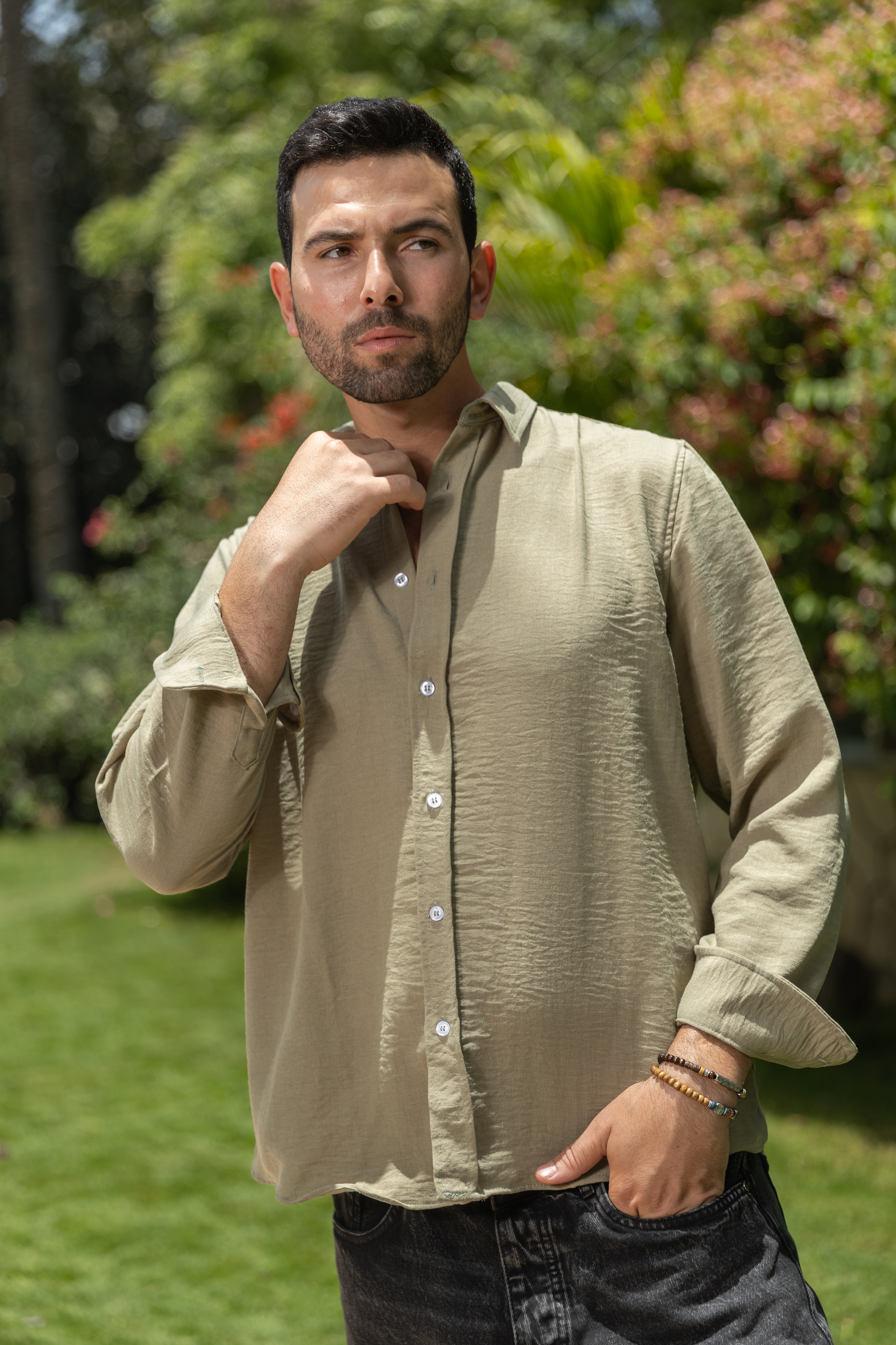 Olive blended linen shirt