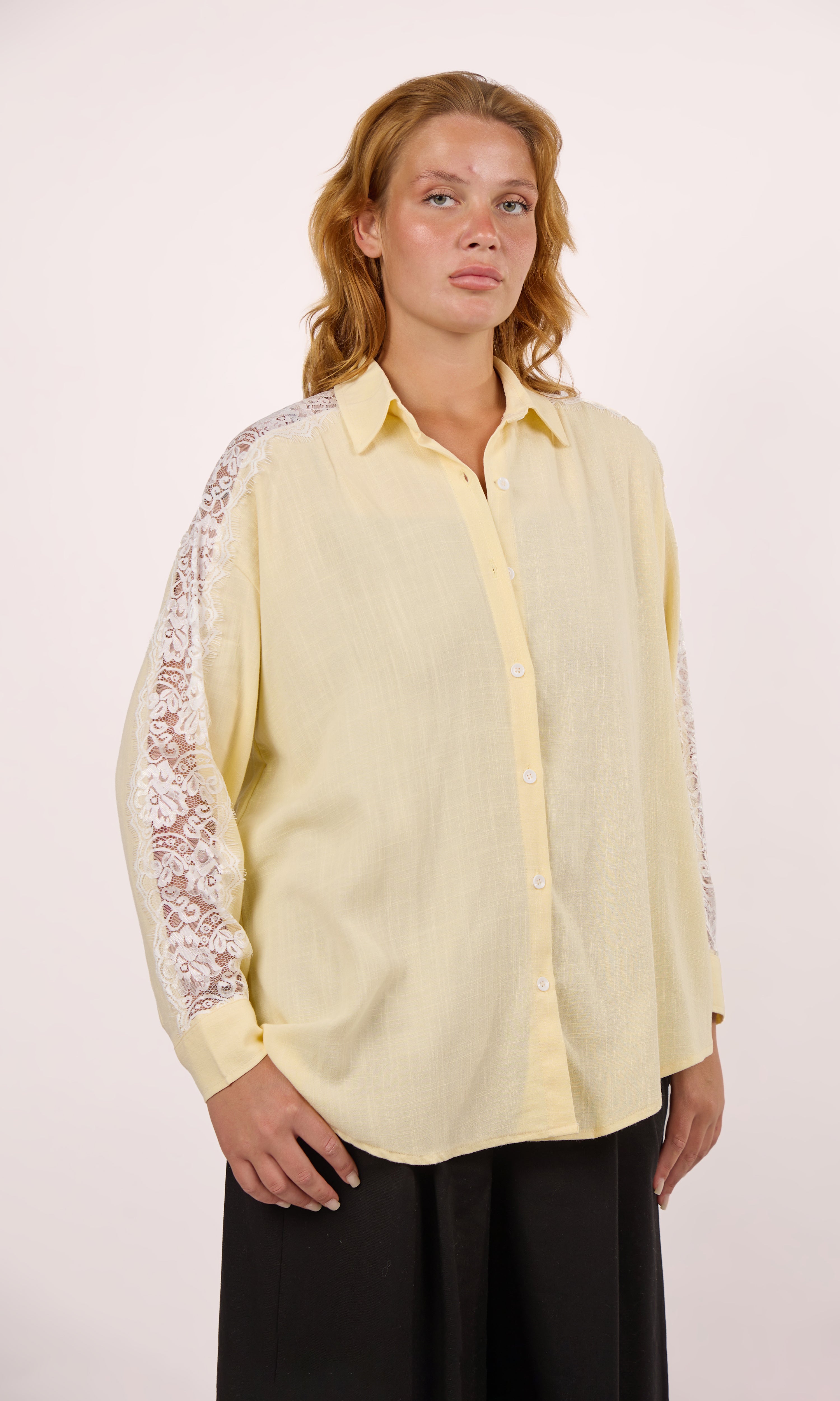 butter yellow lace linen shirt