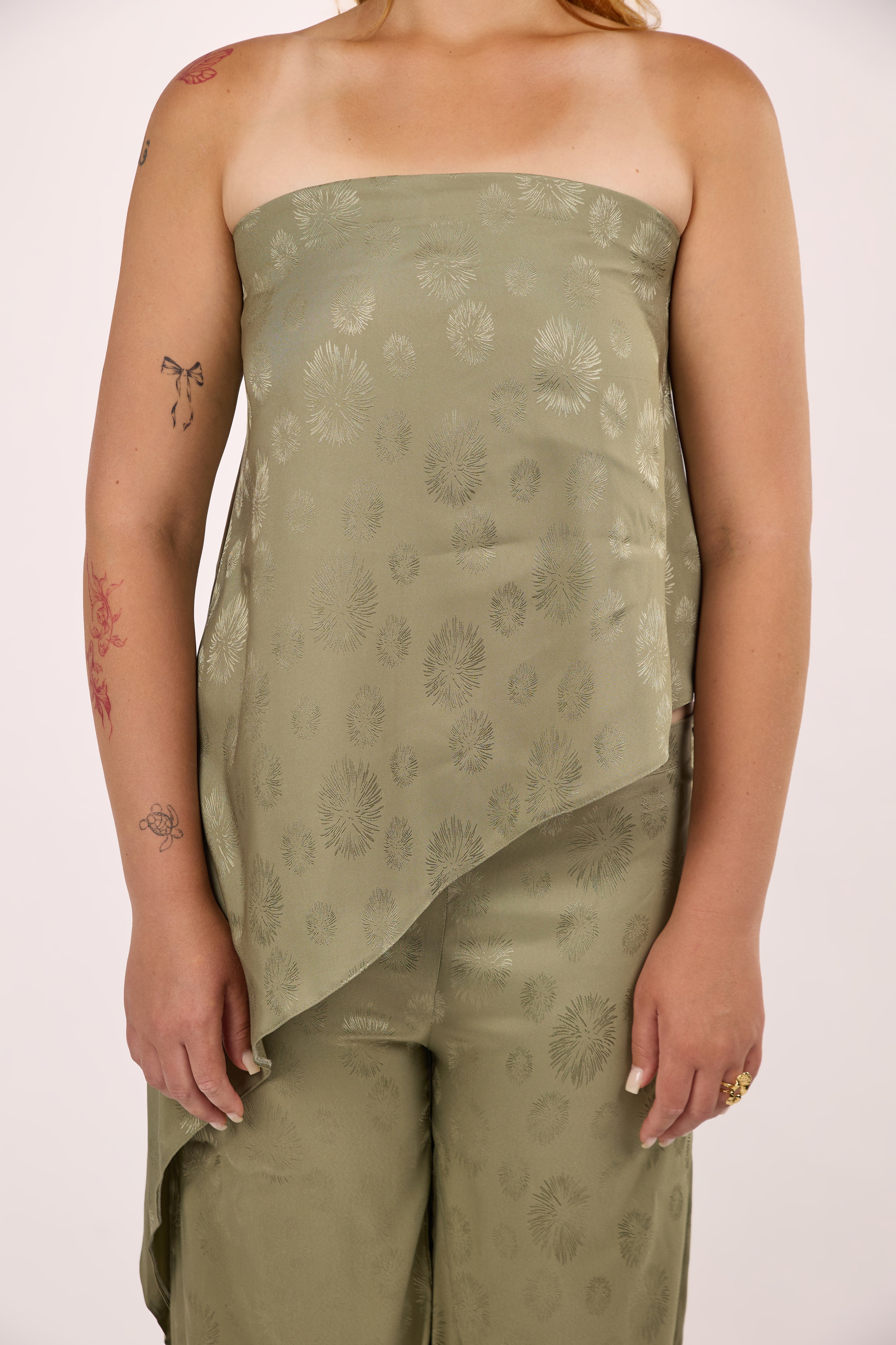 Asymmetrical satin set in olive