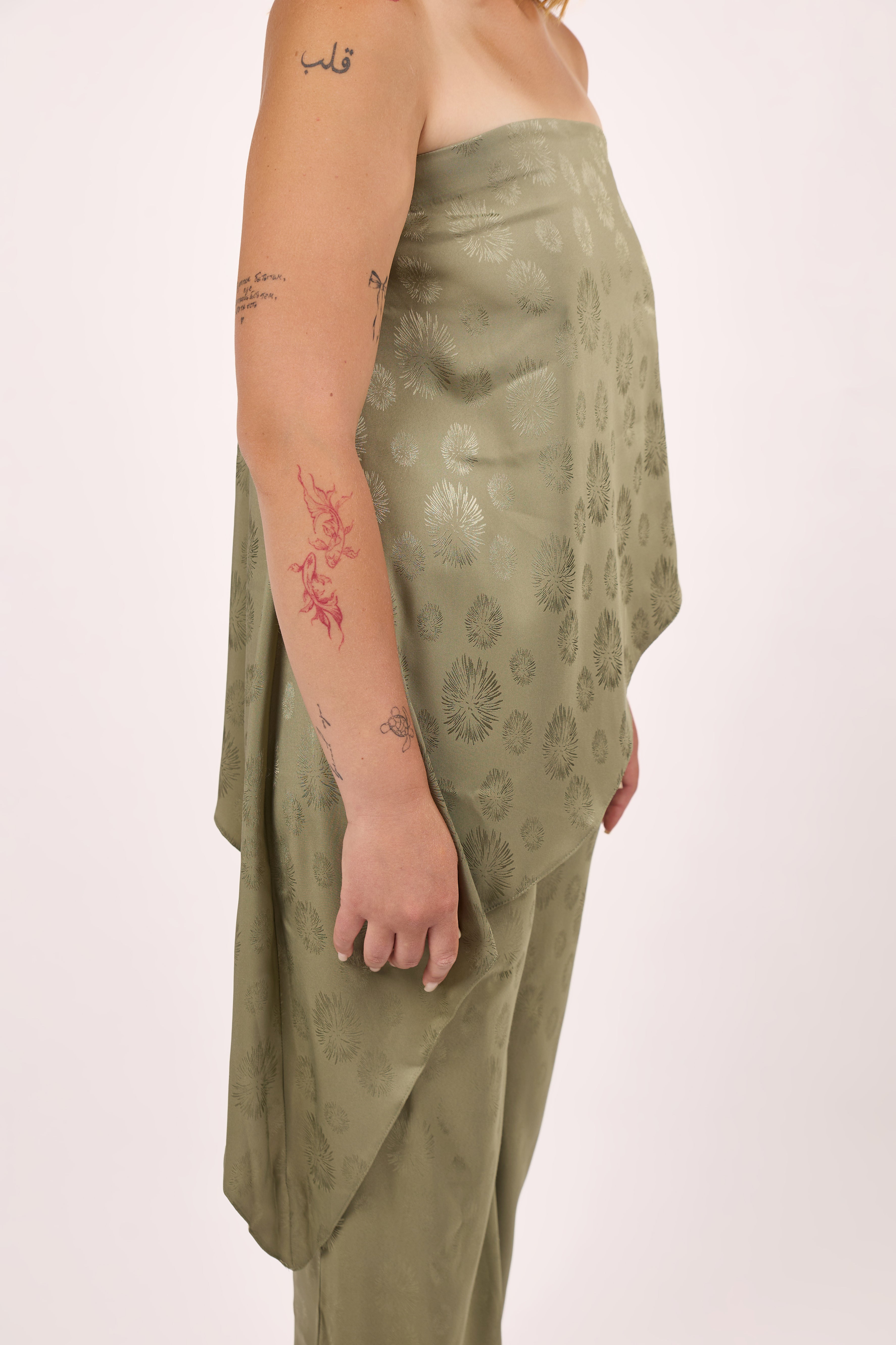 Asymmetrical satin set in olive