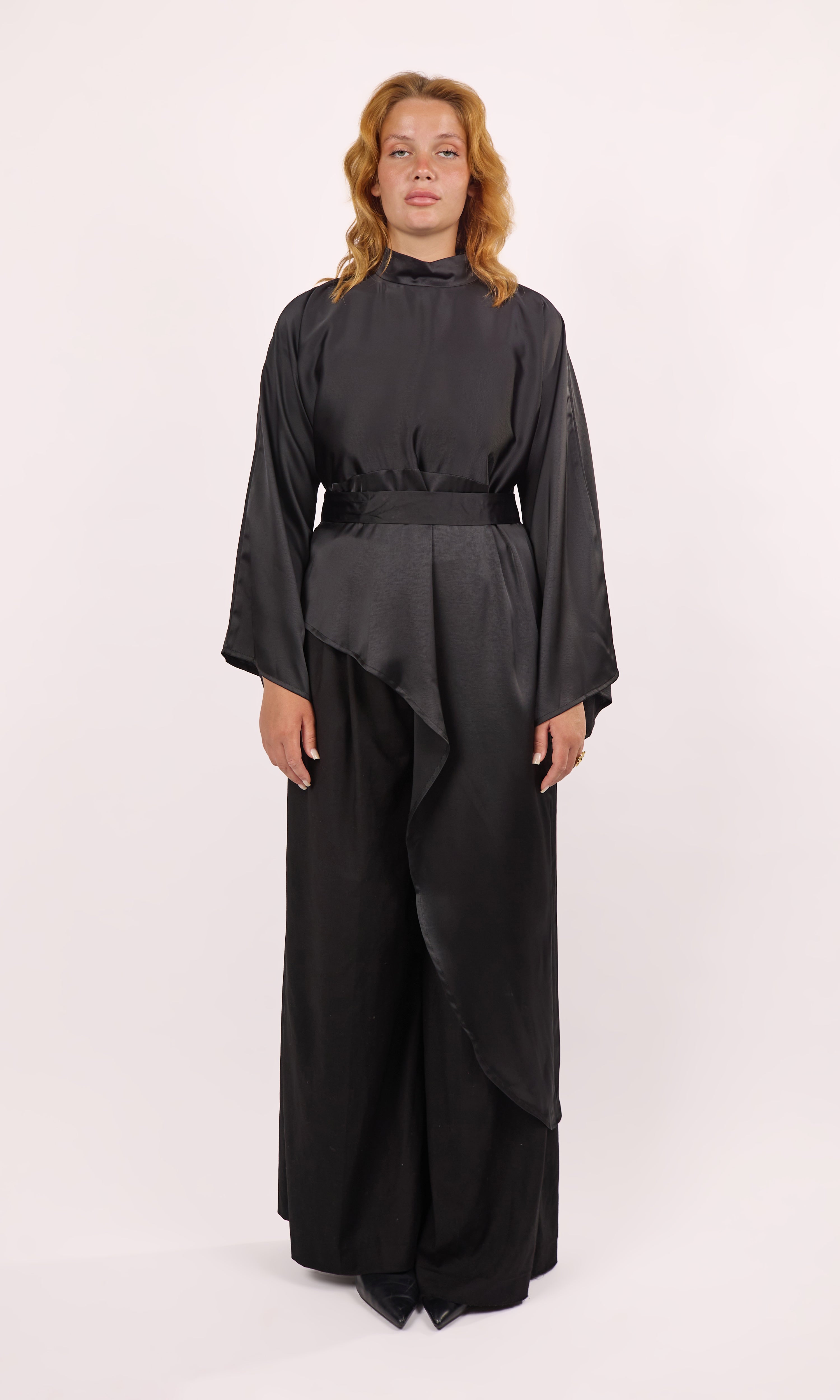Asymmetric Draped Satin Blouse with Wide Sleeves