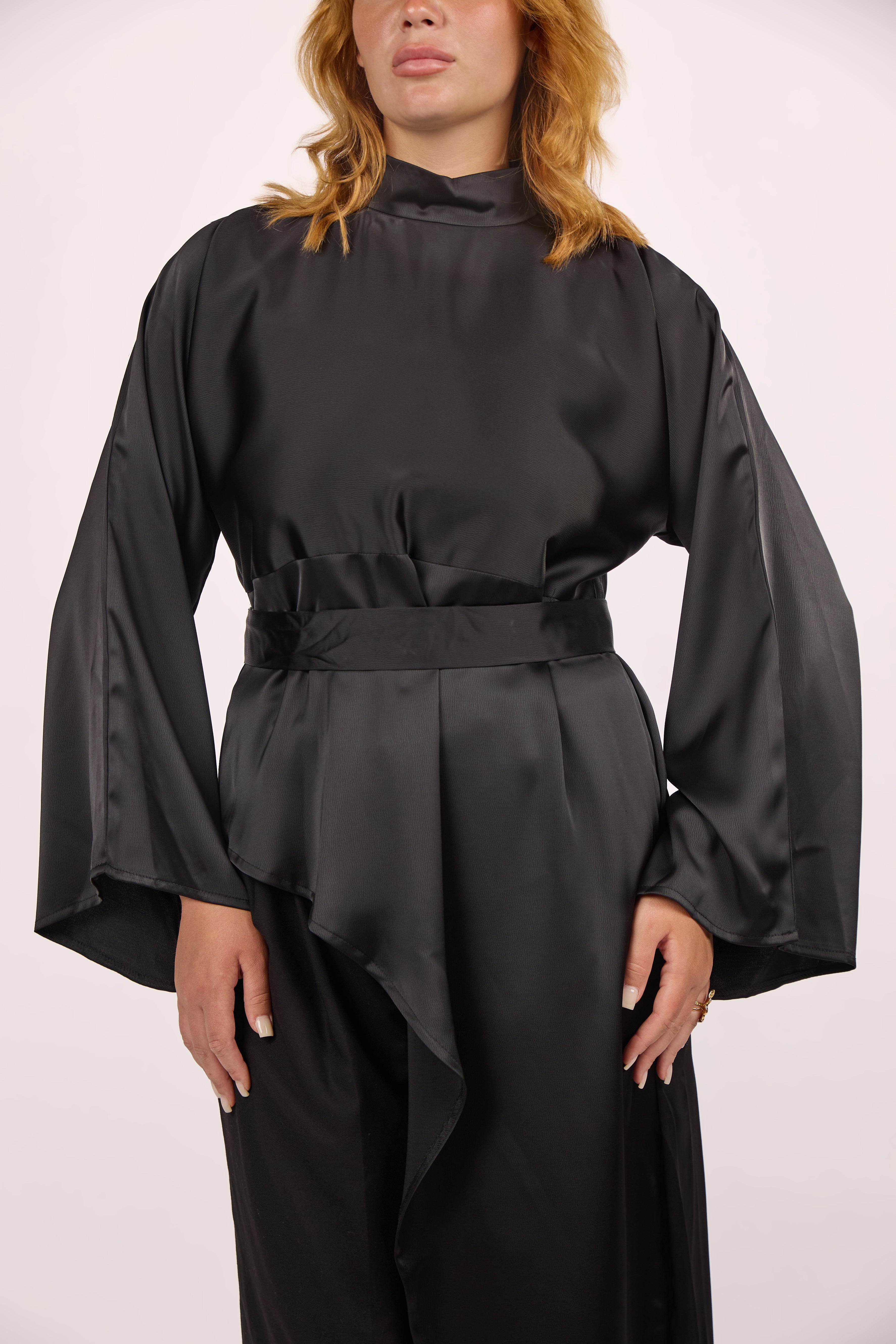 Asymmetric Draped Satin Blouse with Wide Sleeves